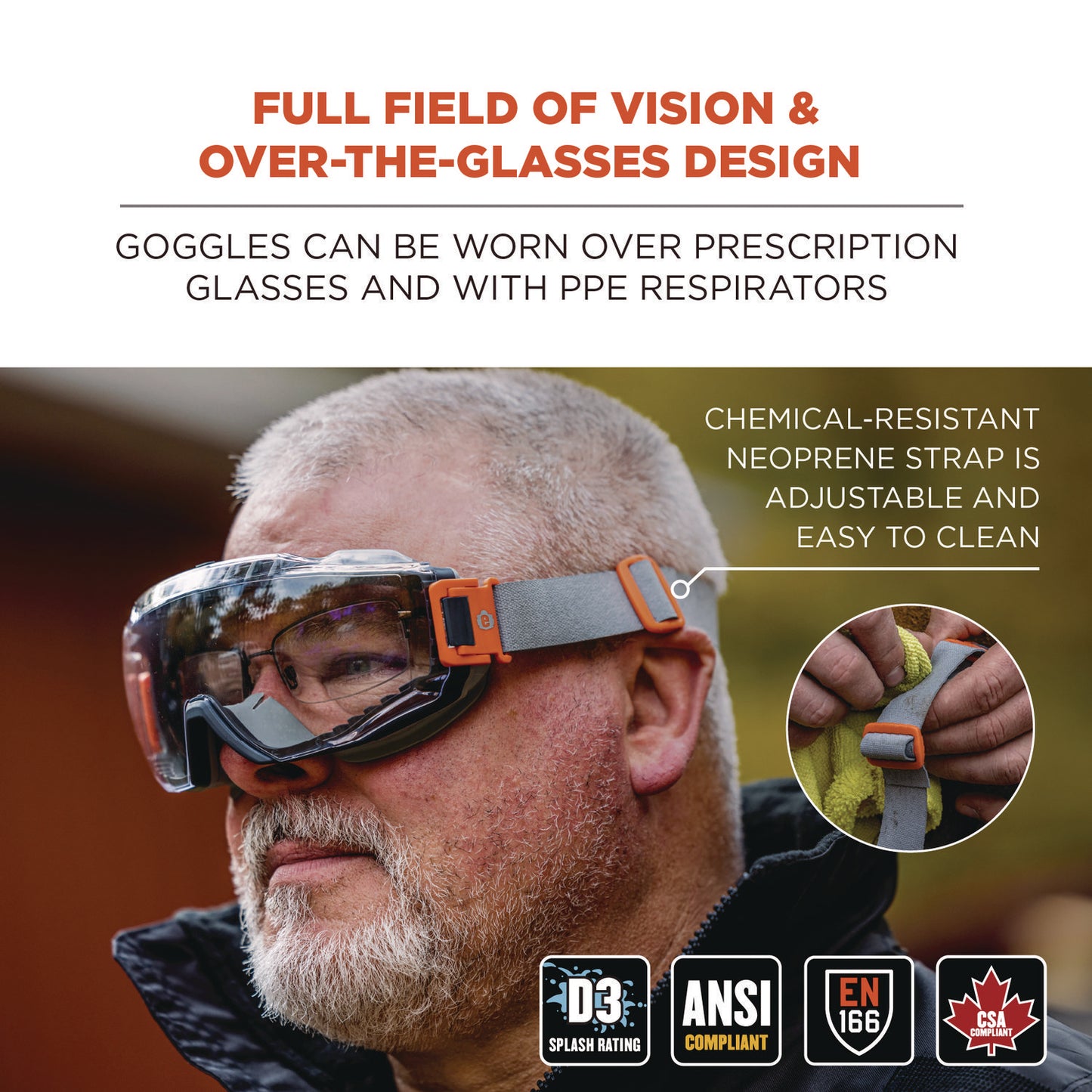 Skullerz MODI OTG Anti-Scratch and Enhanced Anti-Fog Safety Goggles with Neoprene Strap, Clear Lens, Gray/Clear Frame