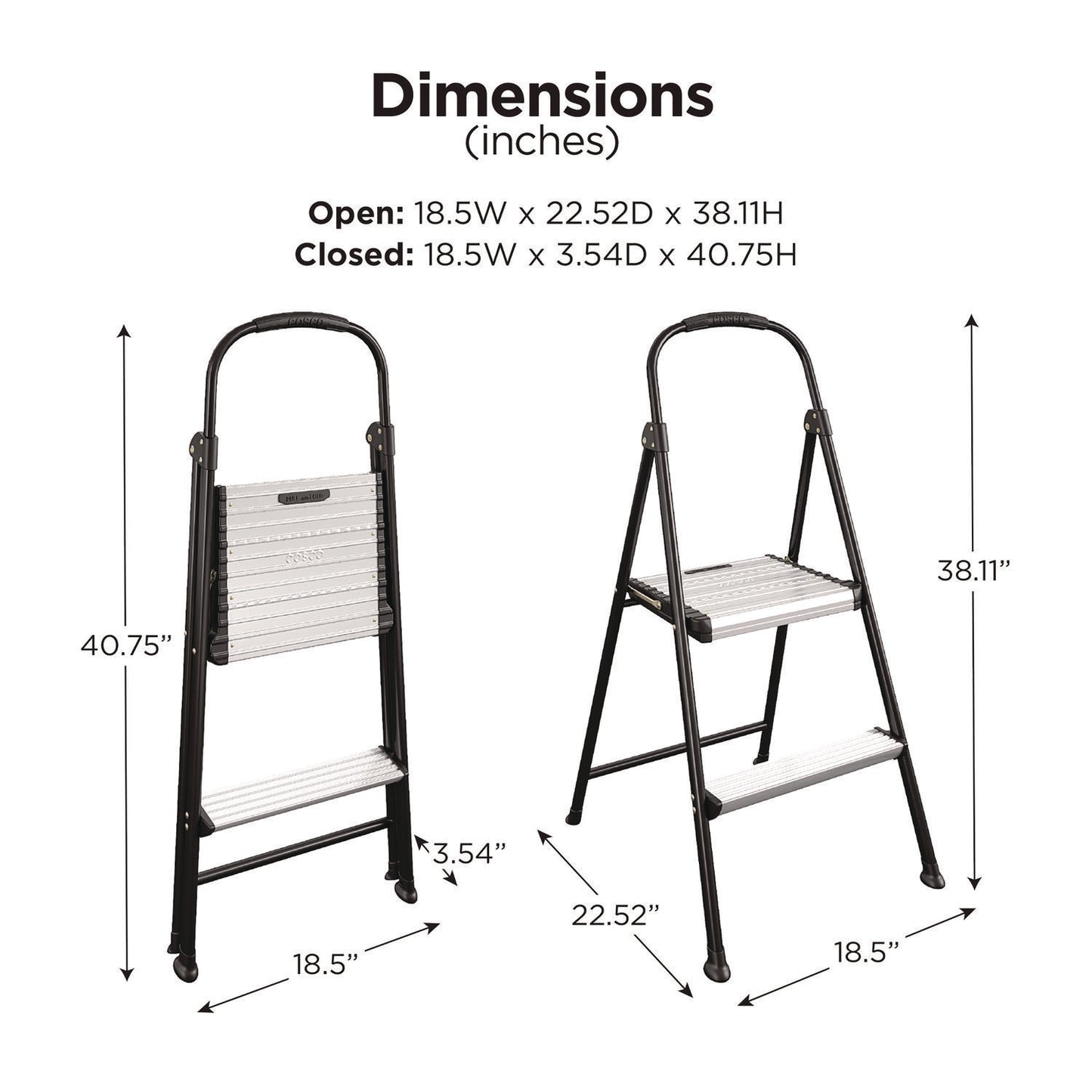 2-Step Stepstool, 250 lb Capacity, 19" Working Height, 22.5" Spread, Black/Silver