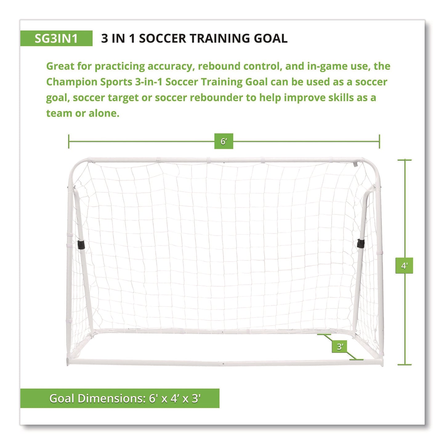 3-in-1 Soccer Training Goal, 6 ft x 4 ft, 1.25" dia Frame