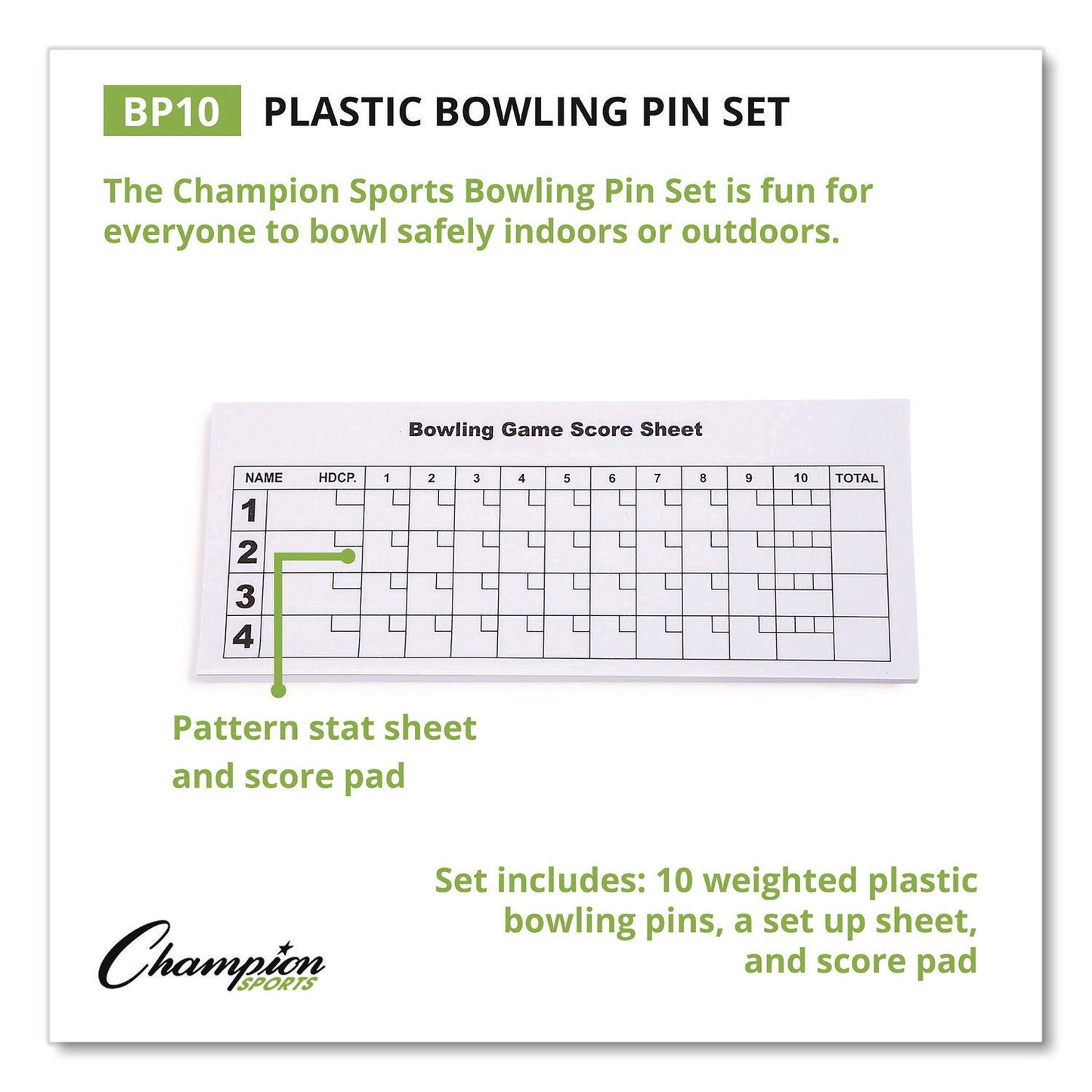 Plastic Bowling Pin Set, White, 10/Set