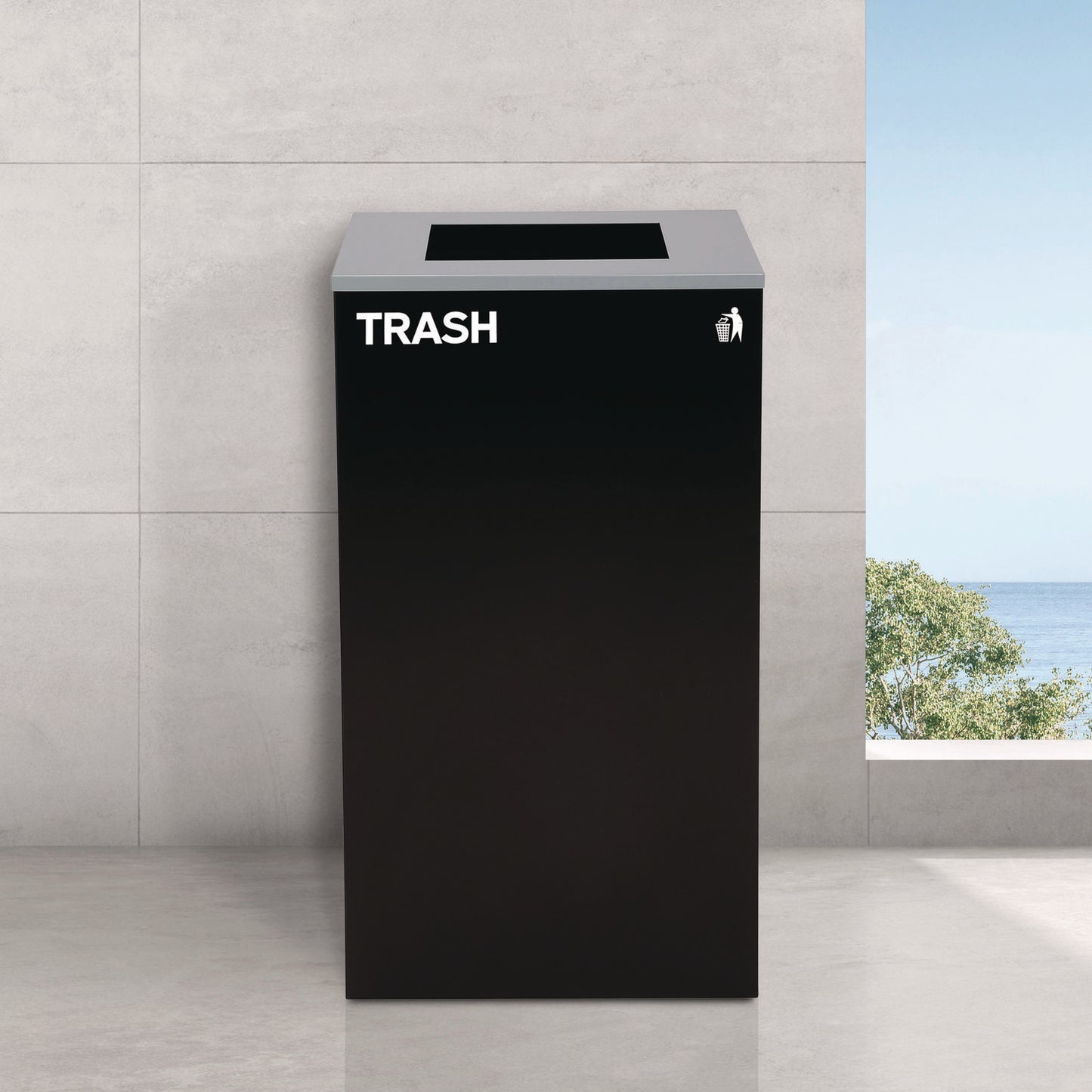 29 Gallon Trash/Recycling Cans, Steel, Blue Mixed Recycling and Black Trash Cans w/Square Lids, Green Compost Can w/Mixed Lid