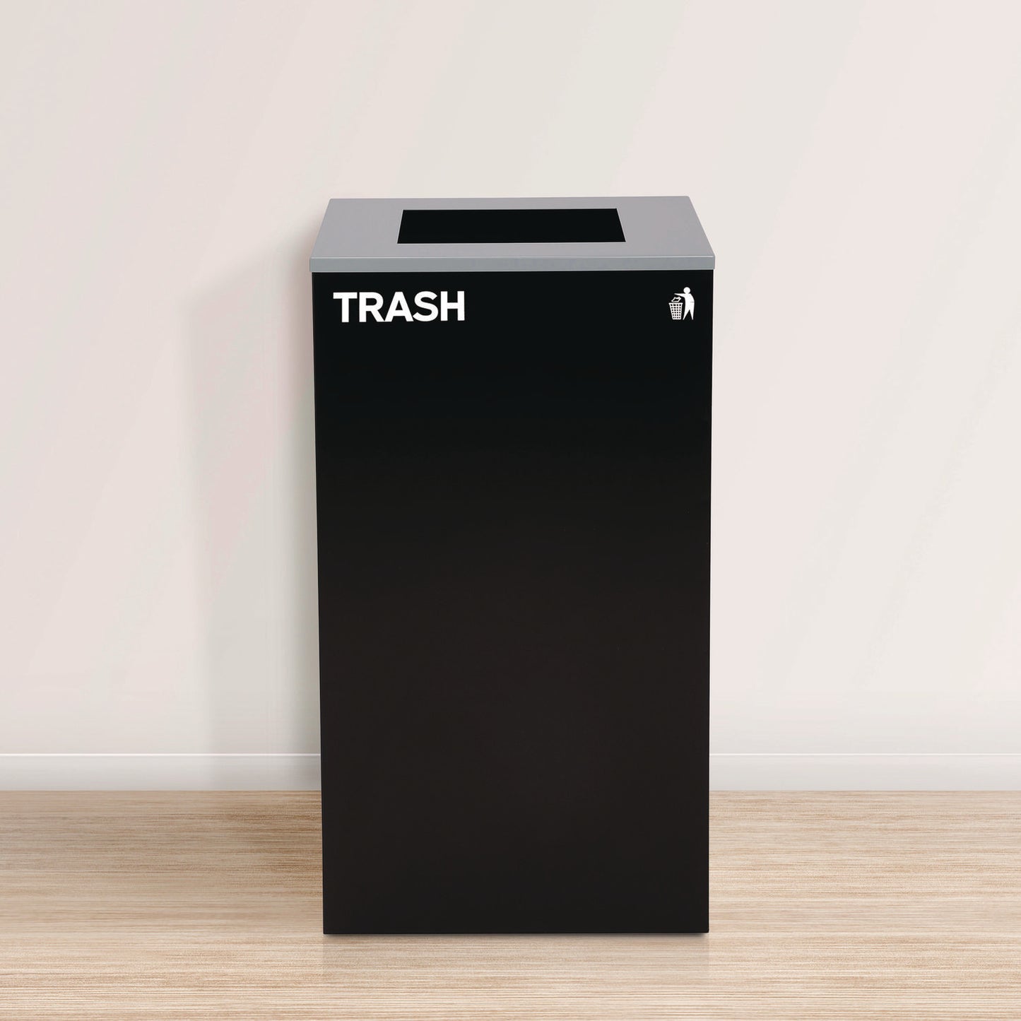 29 Gallon Trash/Recycling Cans, Steel, Blue Recycling Can w/Circle Lid, Green Recycling w/Mixed Lid, Black Trash w/Square Lid