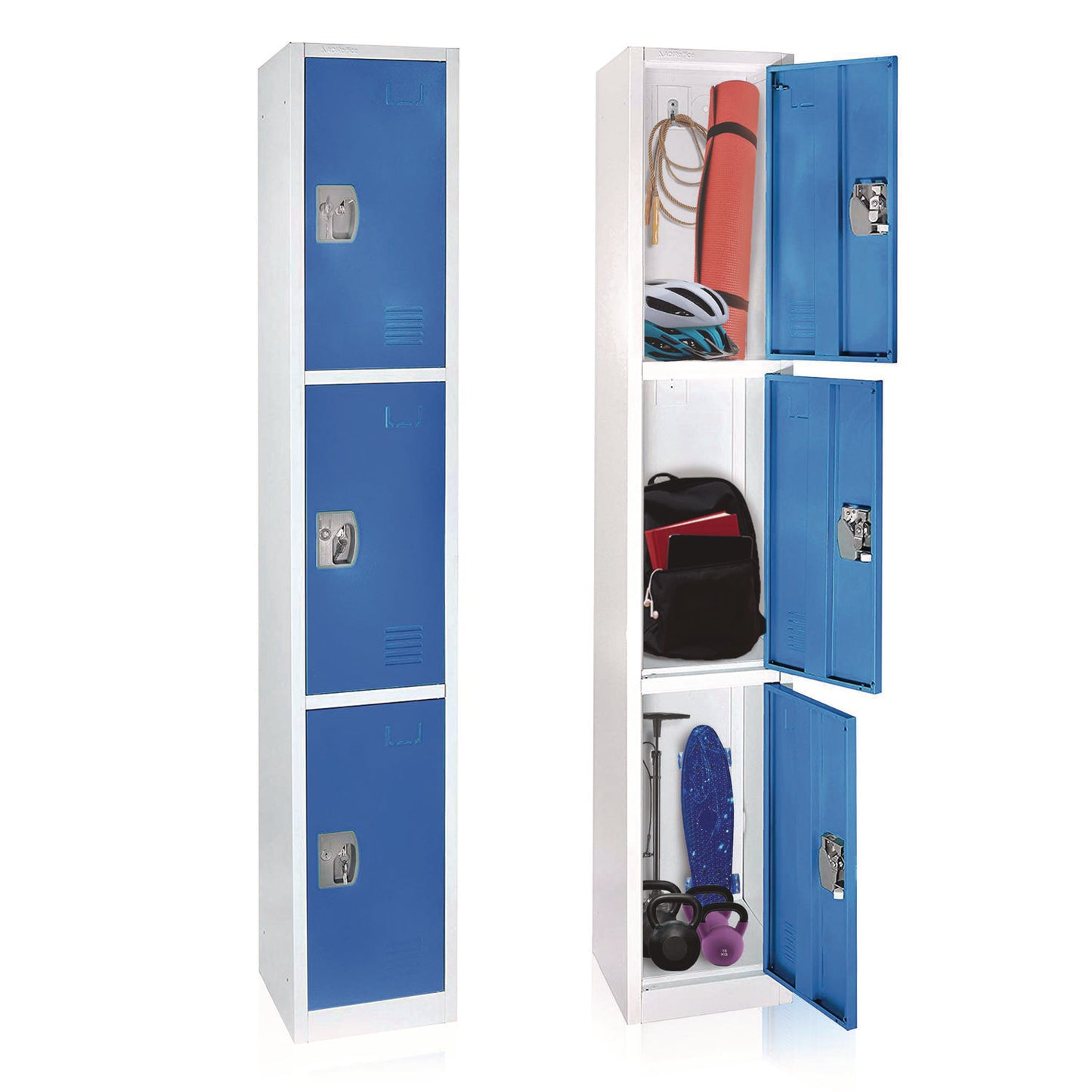 Steel Storage Locker, 3 Compartment, 12 x 12 x 72, Blue