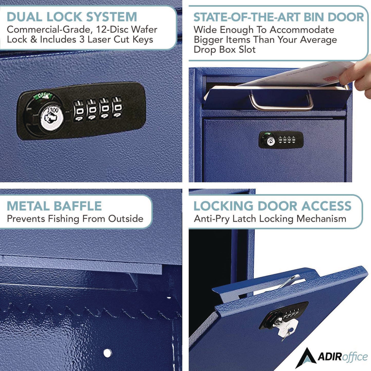 Medium Secure Drop Box Wall Mounted Locking Mail Box with Key and Combination Lock, 10.51 x 4.72 x 12, Blue