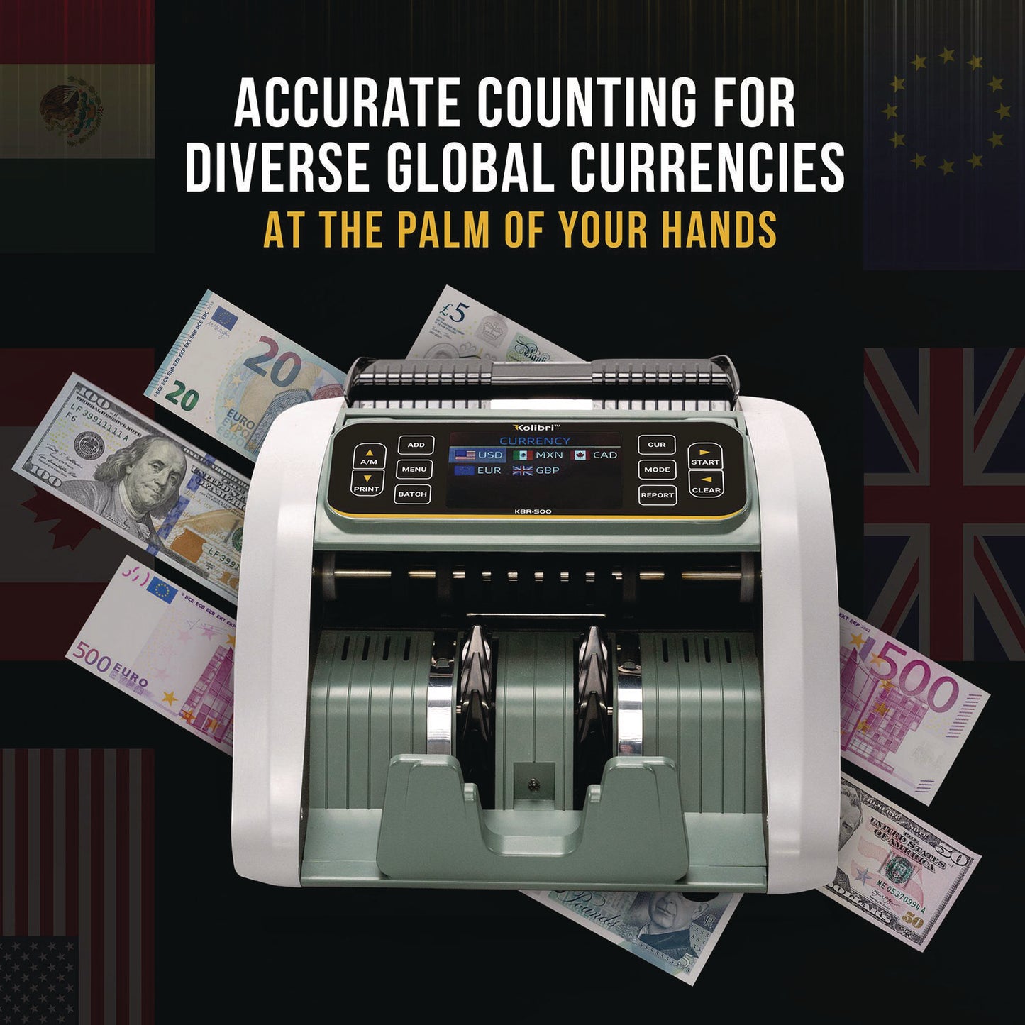 KBR-500 Mixed Denomination Bill Counter, 1,200 Bills/Min, 9.2" x 14.3" x 13", Light Gray/Black
