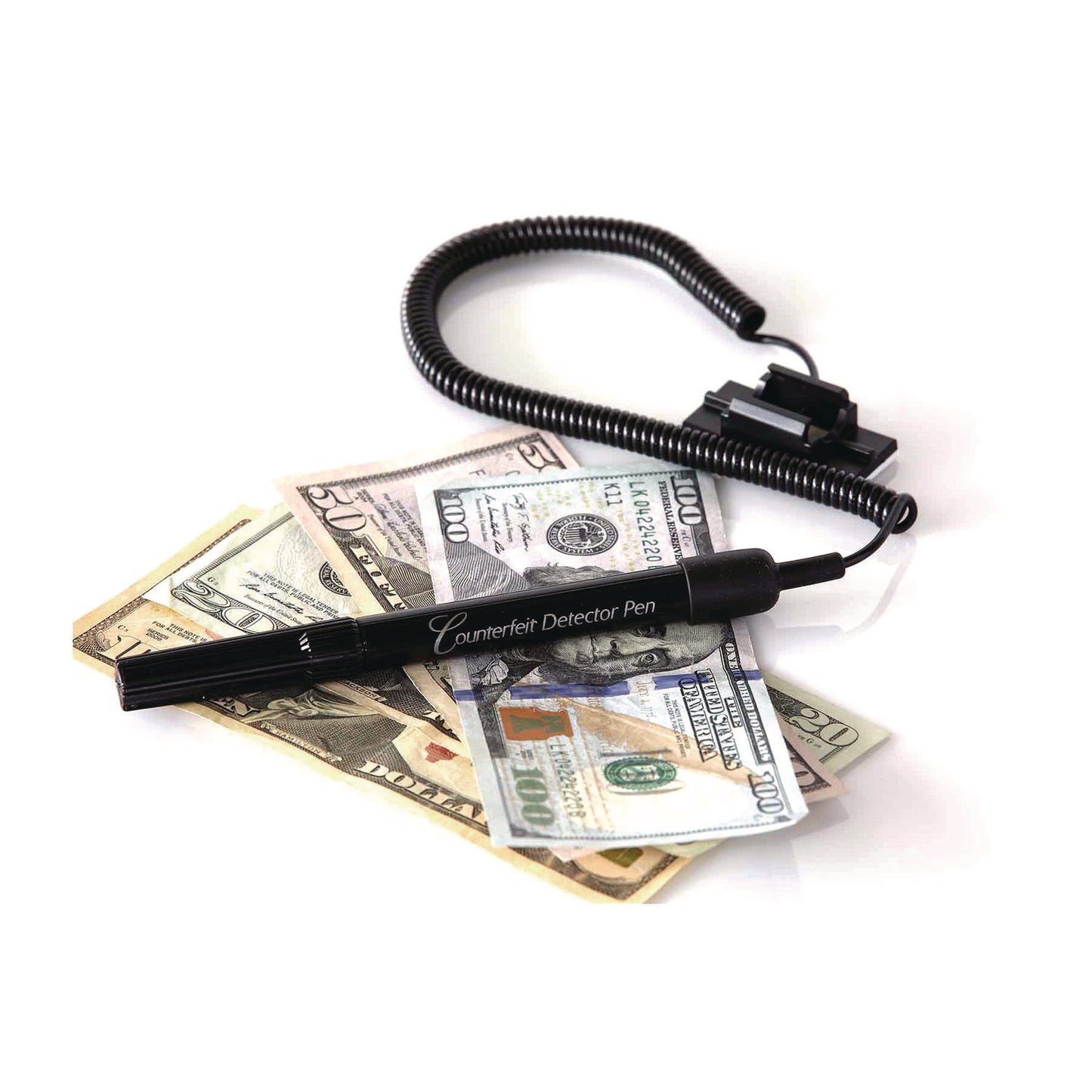 Smart Money Counter Pen for USD, Includes Coiled Cable and Self-Adhesive Counter Mount, Black