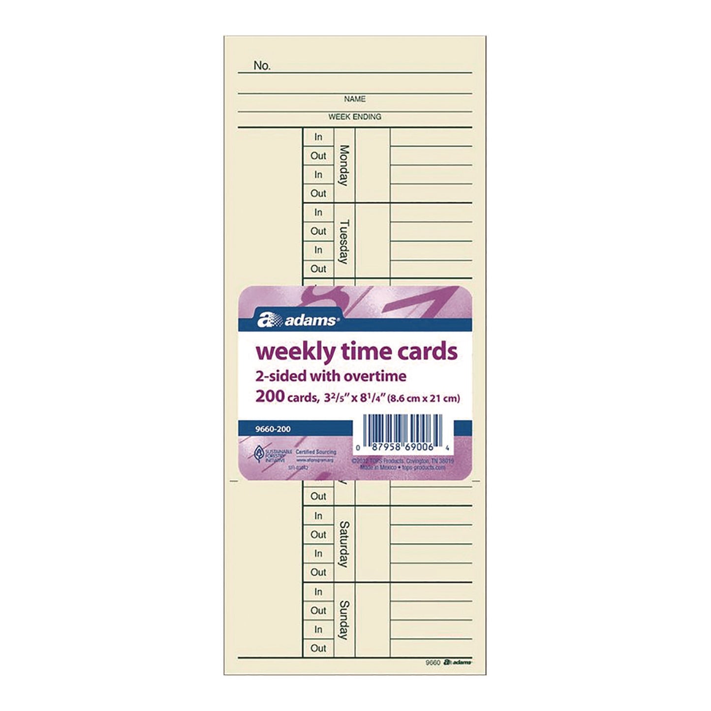 Time Cards for Acroprint, Amano and Lathem Time Clocks, Two Sides, 3.4 x 8.25, 200/Pack