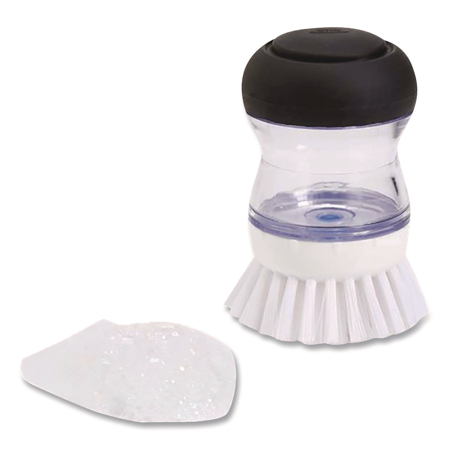 Good Grips Soap Dispensing Palm Brush, White Nylon Bristles, 4" Brush, Clear/Black Handle