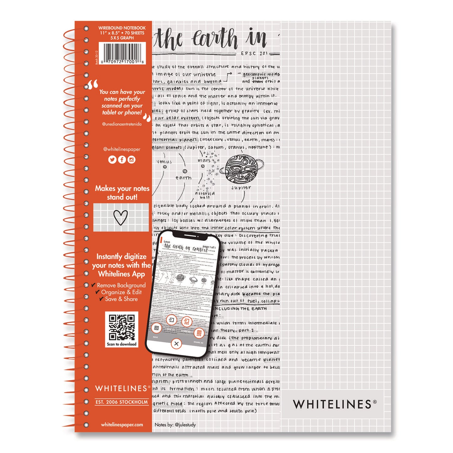 Whitelines Notebook, Quadrille Rule (5 sq/in), Gray/Orange Cover, (70) 11 x 8.5 Sheets