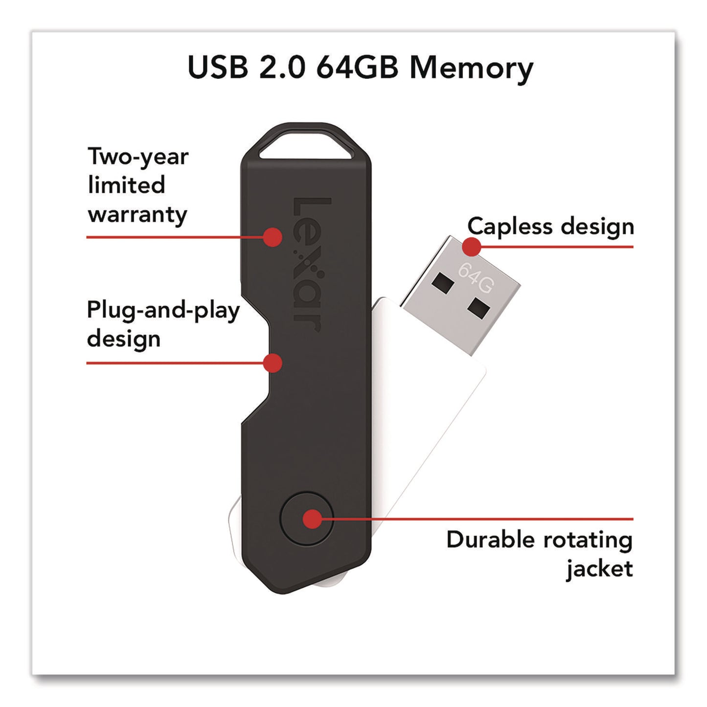 Twist Turn2 USB 2.0 Flash Drive, 64 GB, Black