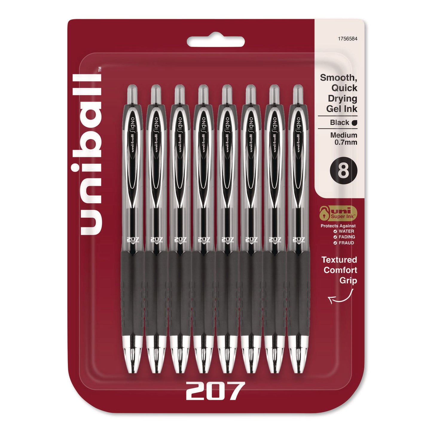 Signo 207 Gel Pen, Retractable, Medium 0.7 mm, Black Ink, Clear/Black Barrel, 8/Pack