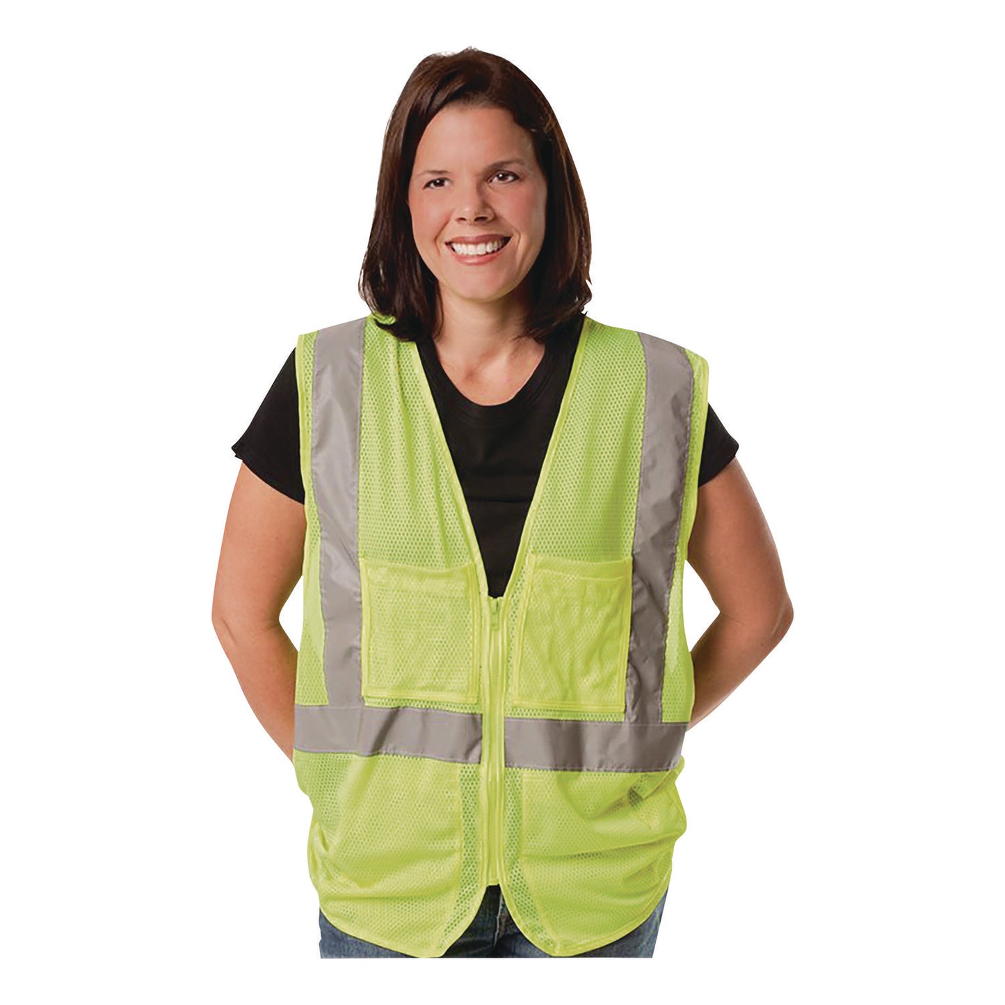 Zipper Safety Vest, Polyester Mesh, X-Large, Hi-Viz Lime Yellow