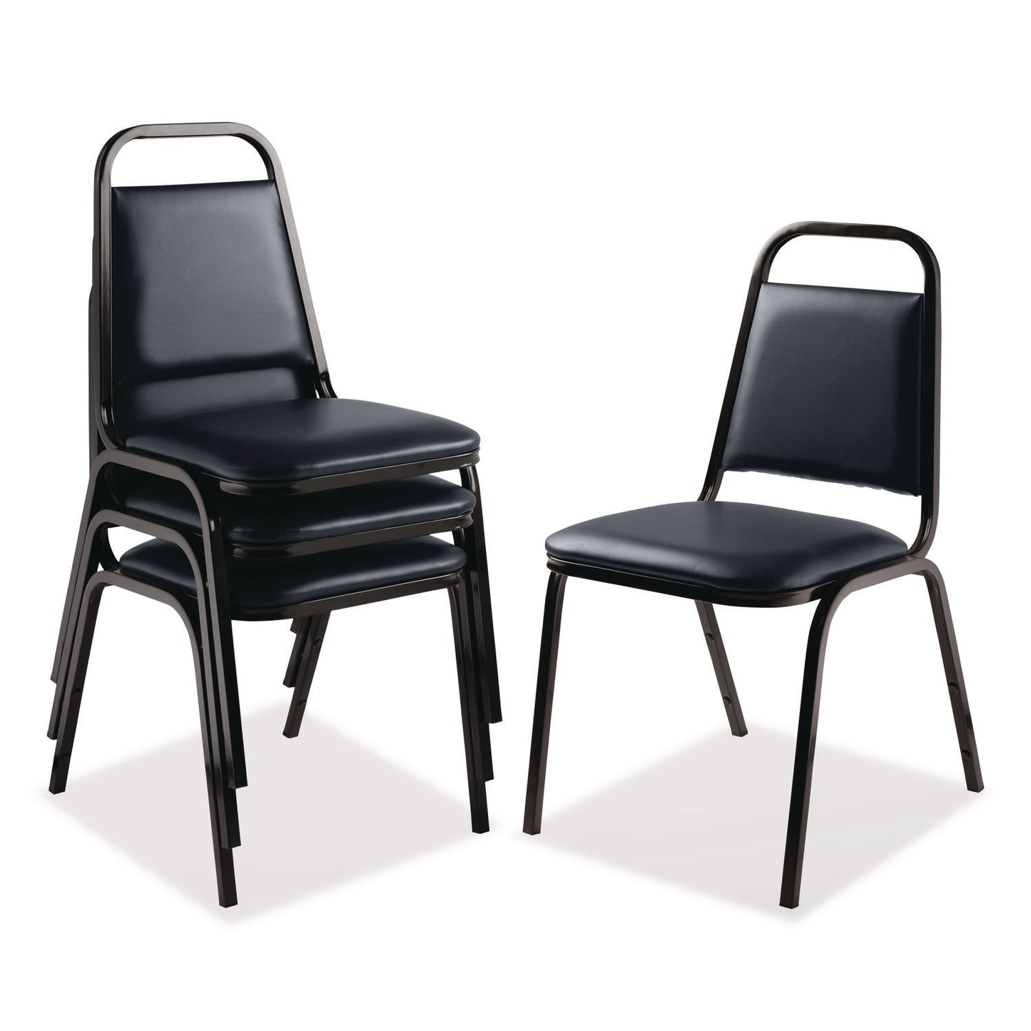 9100 Series Vinyl Upholstered Stack Chair, Supports 300 lbs, 18" Seat Height, Midnight Blue Seat/Back, Black Base, 4/Carton