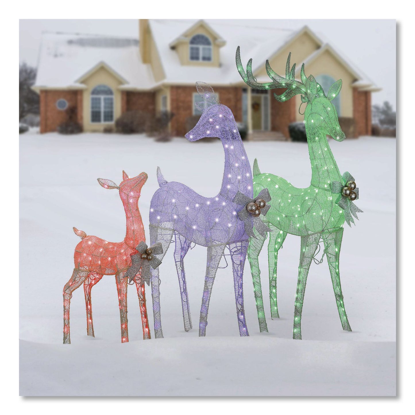 Mesh Glittered Deer Family, AC Powered, Blue/Green/Red/Yellow LED Lights, 27" x 8.5" x 60", White