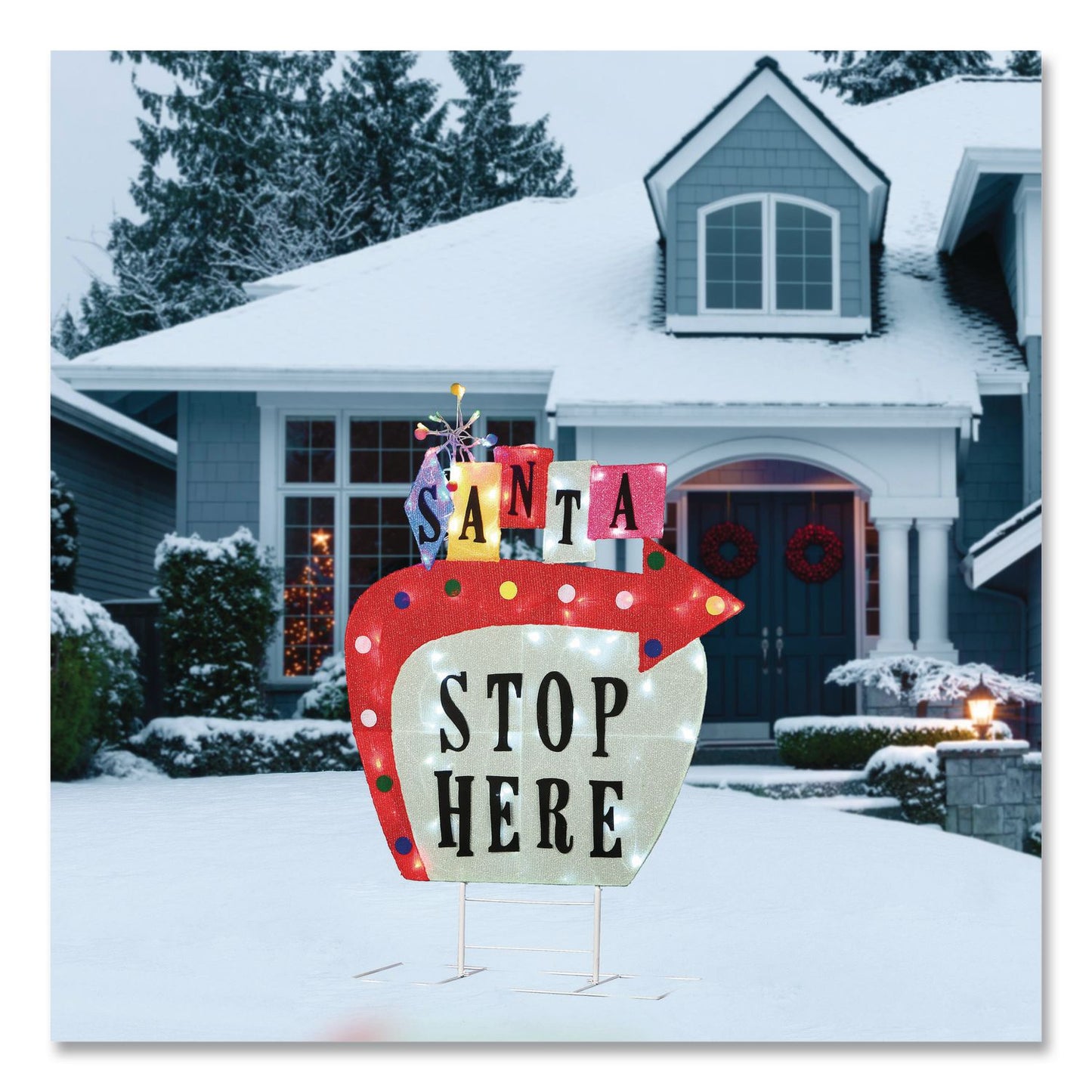 Pre-Lit Vintage Vegas Santa Sign, AC Powered, Cool White/Red/Warm White LED Lights, 12" x 36" x 50.5", Red