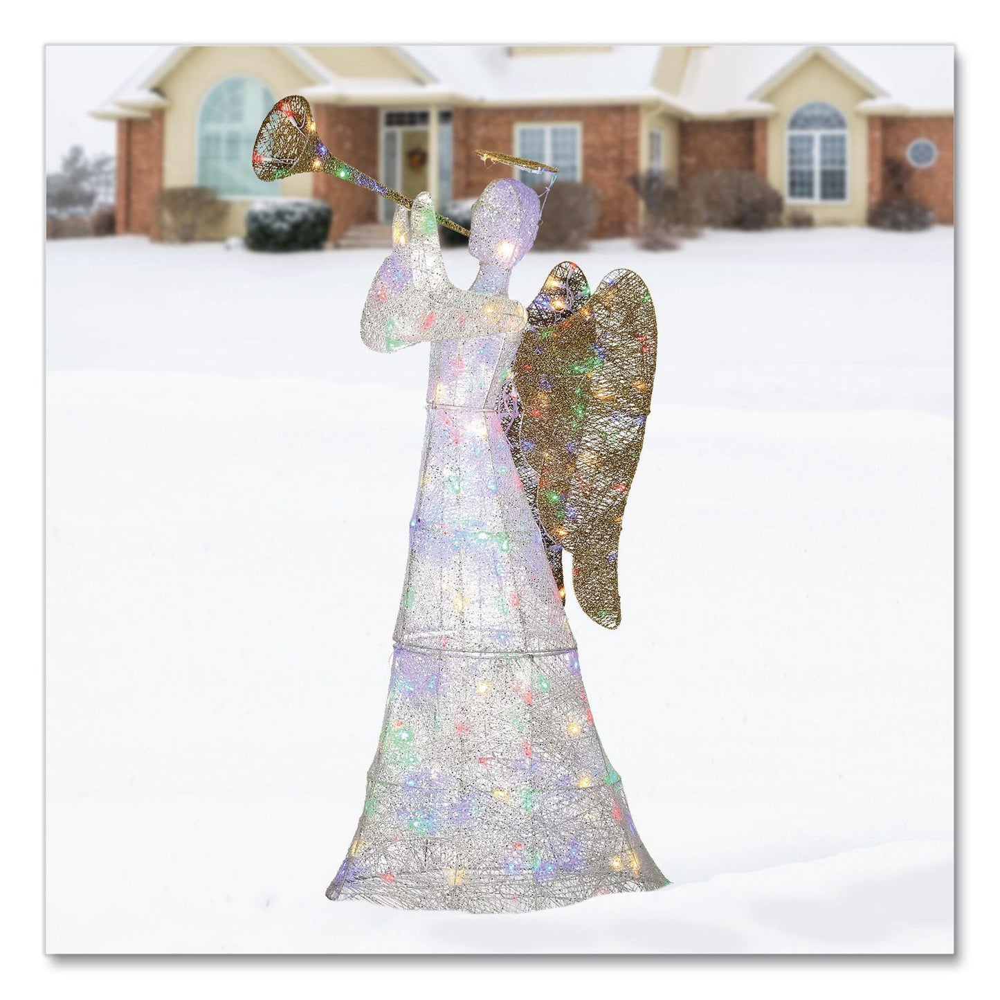 Trumpeting White Angel, AC Powered, Blue/Green/Red/Yellow LED Lights, 18" x 33" x 60", White