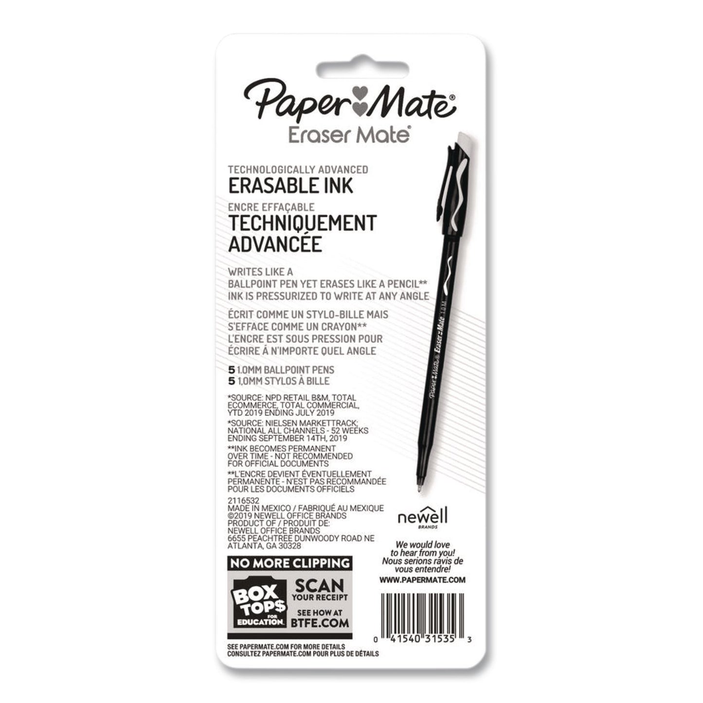 Eraser Mate Ballpoint Pen, Stick, Medium 1 mm, Blue Ink, Blue Barrel, 5/Pack