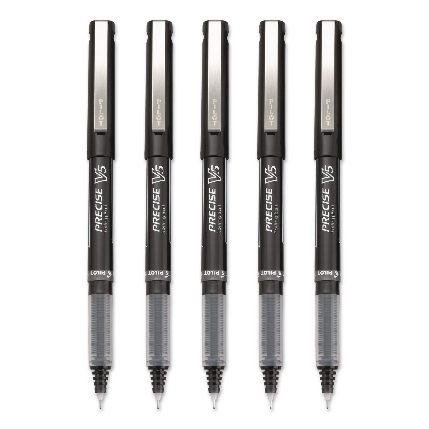 Precise V5 Rollerball Pen, Stick, Extra-Fine 0.5 mm, Black Ink, Black/Clear Barrel, 5/Pack