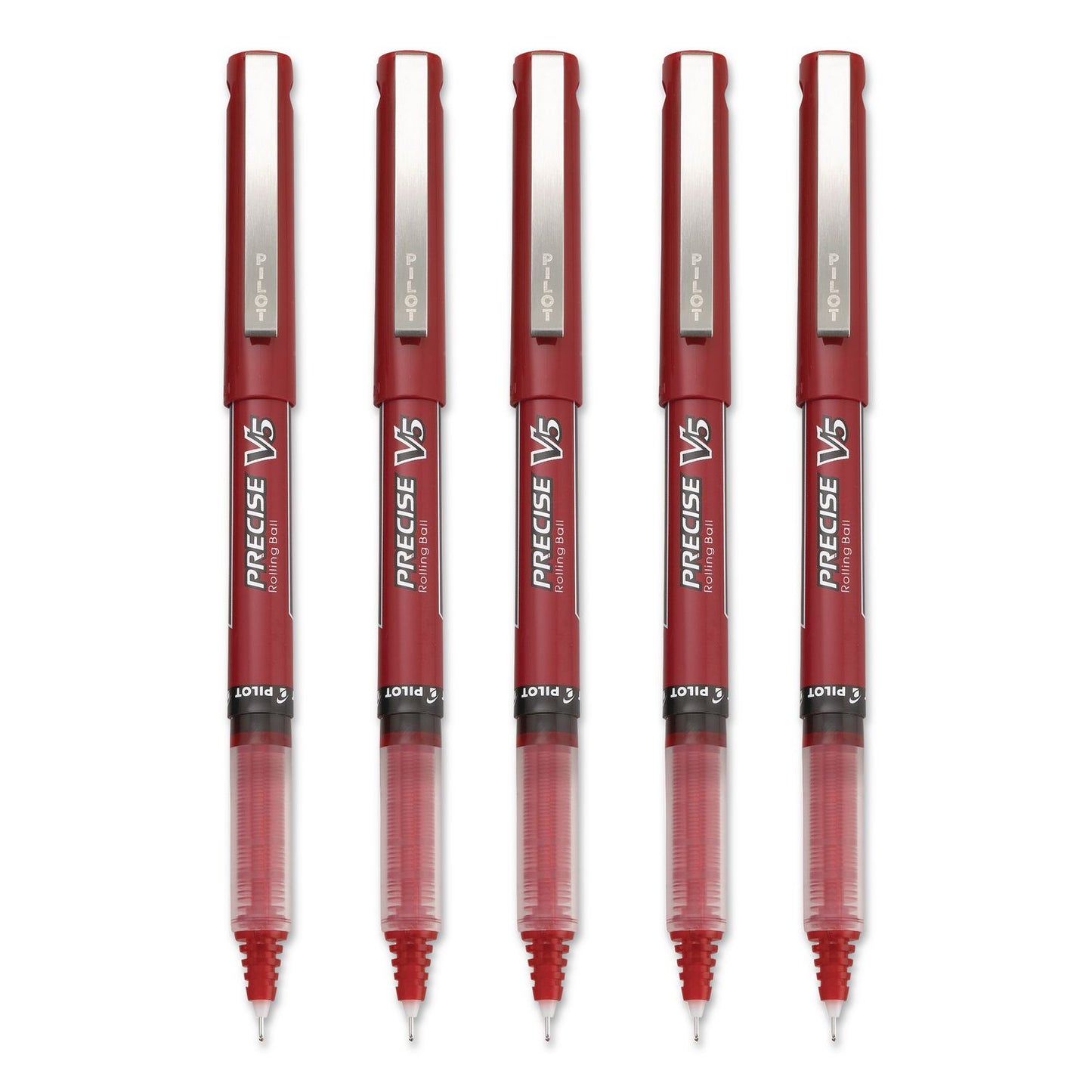Precise V5 Rollerball Pen, Stick, Extra-Fine 0.5 mm, Red Ink, Red/Clear Barrel, 5/Pack