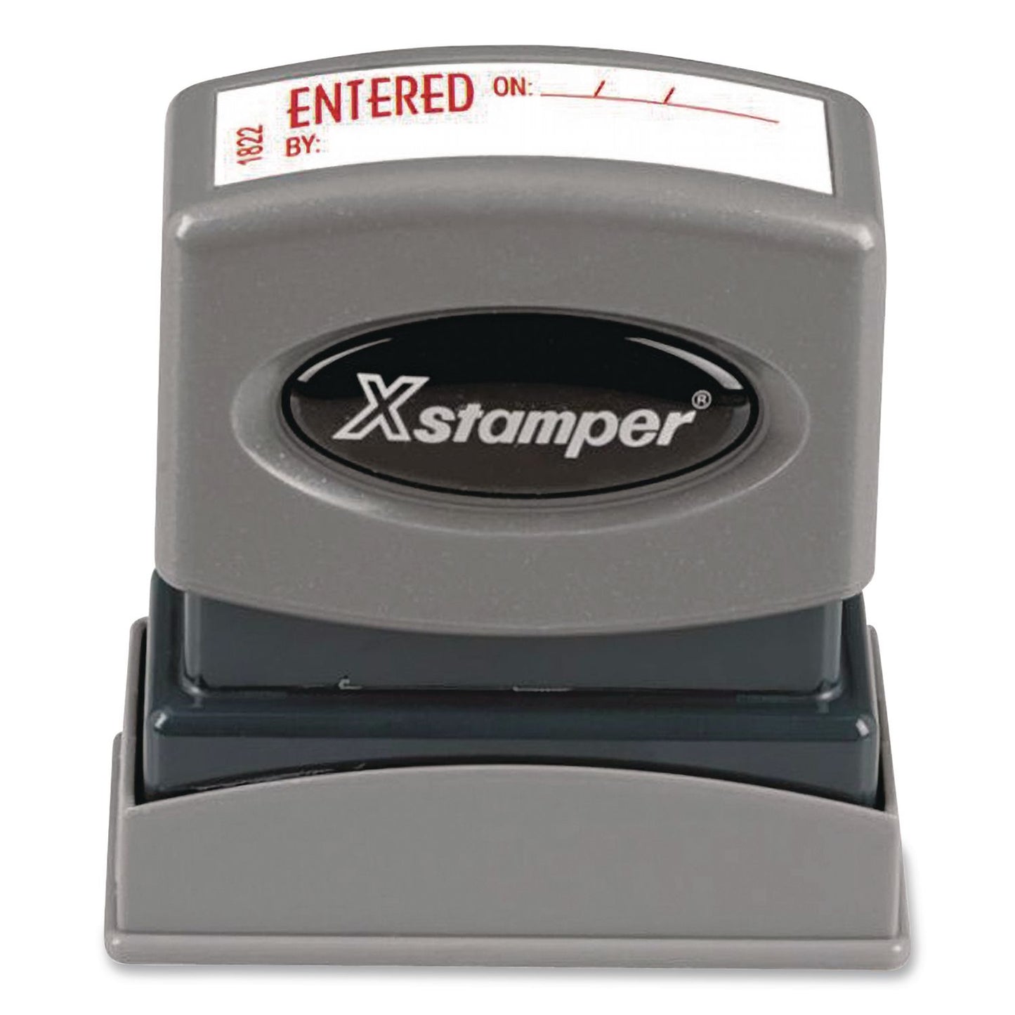 Pre-Inked One-Color Stock Stamp, ENTERED ON/BY, 1.62 x 0.5, Red Ink