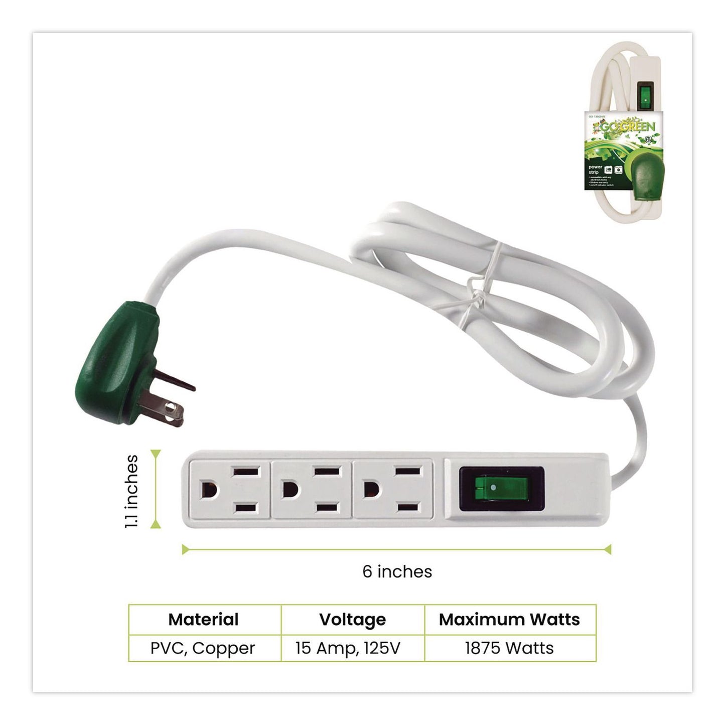 3 Outlet Power Strip, 2.5 ft Cord, White, 3/Pack