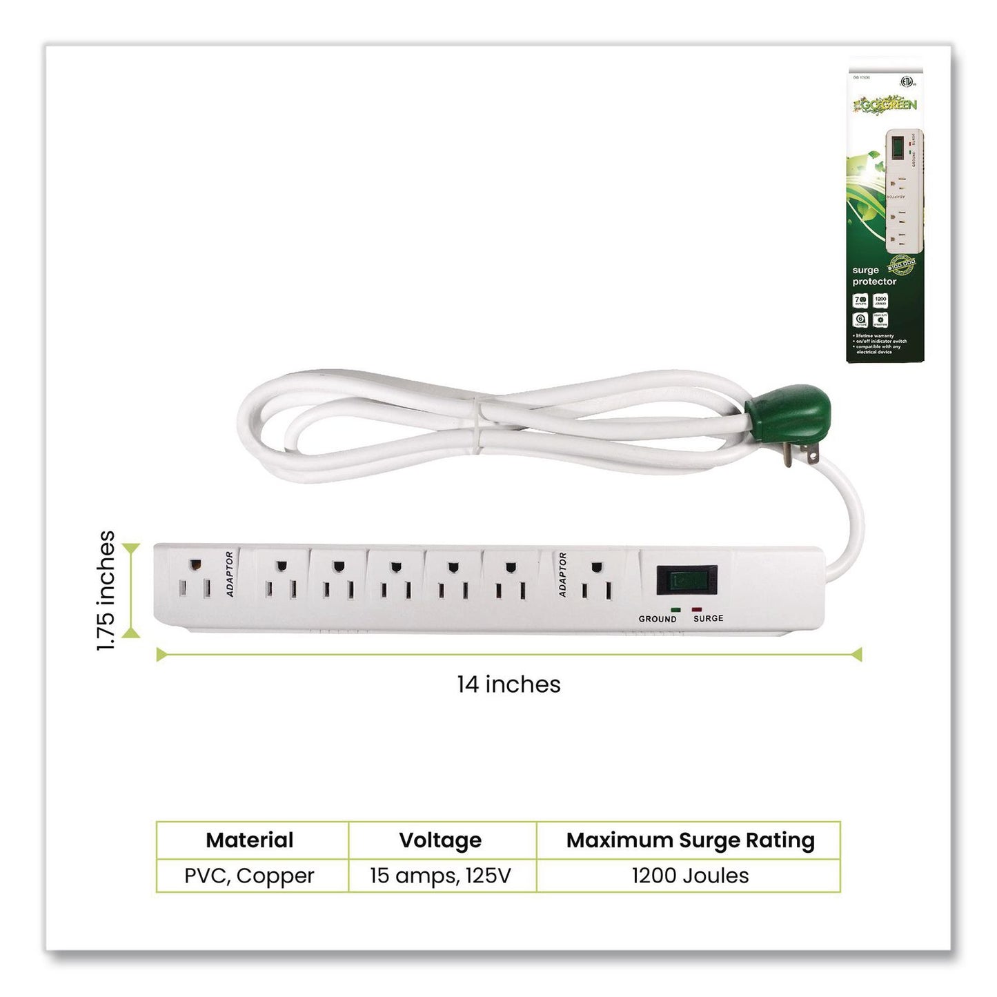 7 Outlet Surge Protector, 6 ft Cord, 1,200 J, White