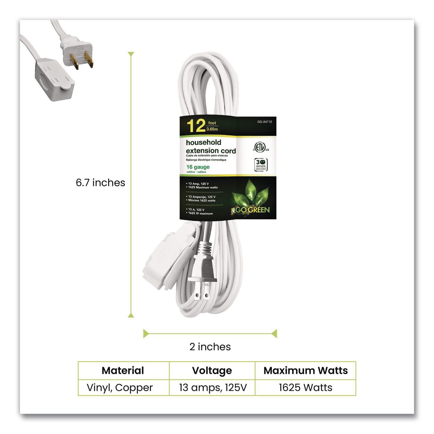 Household Extension Cord, 12 ft, 13 A, White, 3/Pack