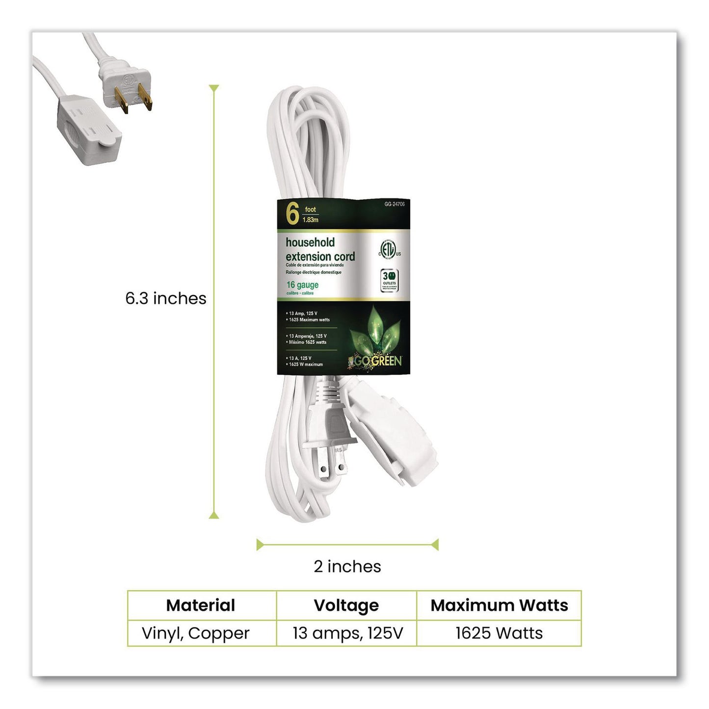 Household Extension Cord, 6 ft, 13 A, White 10/Pack
