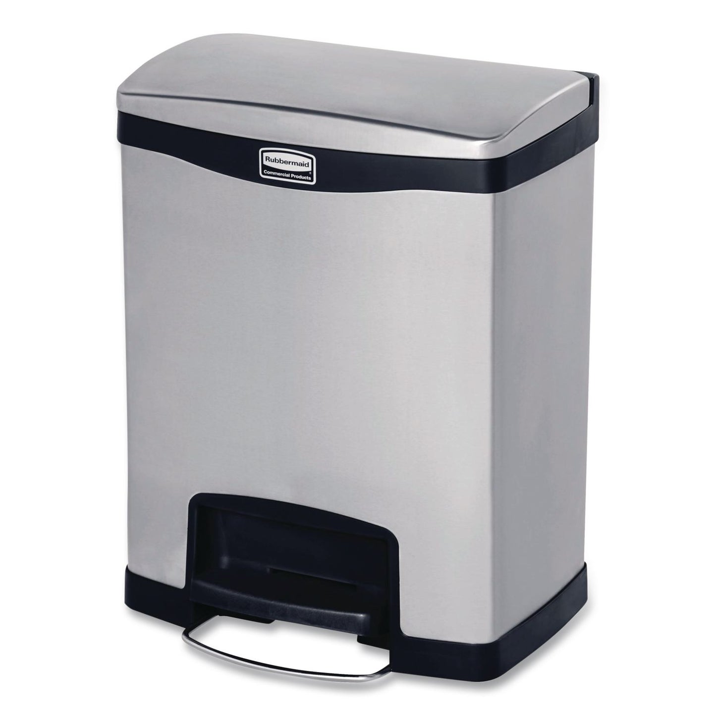 Slim Jim Stainless Steel Step-On Container, Front Step Style, 8 gal, Stainless Steel, Black