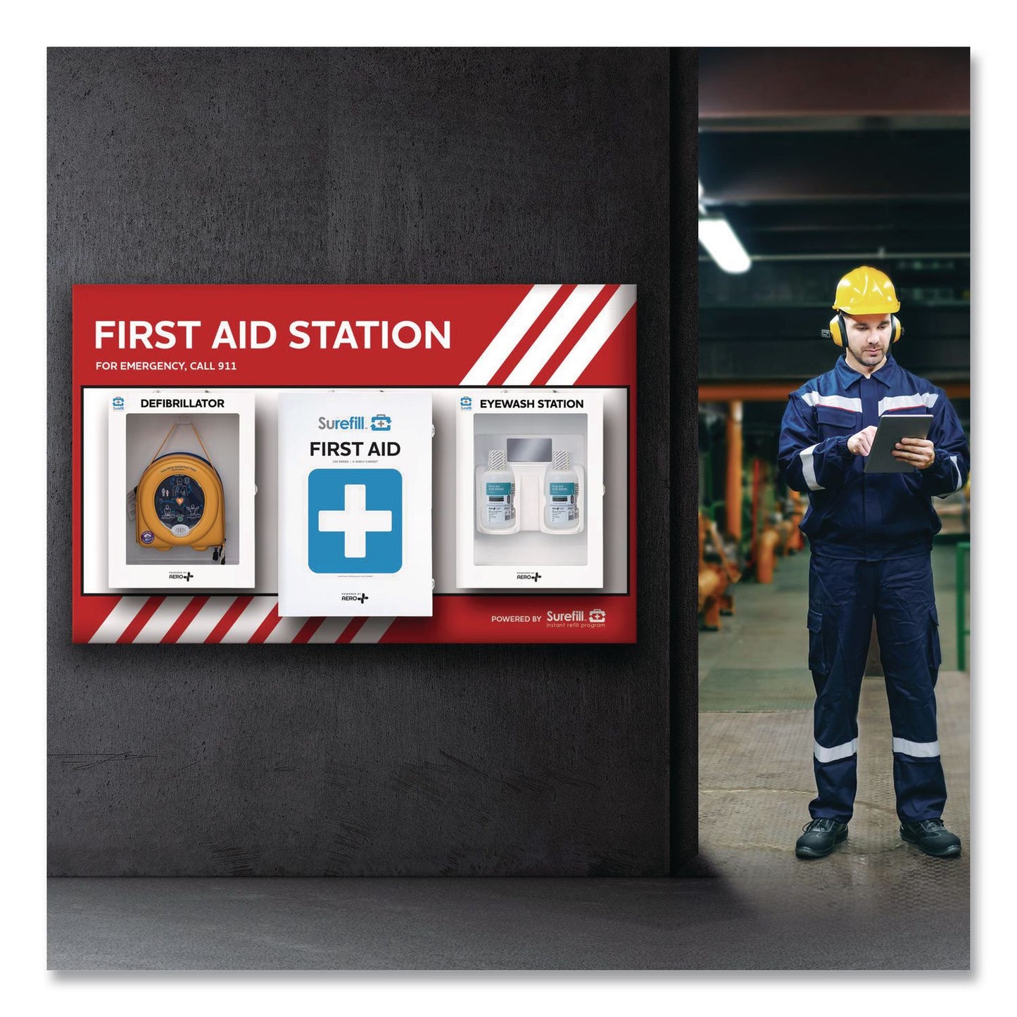First Aid Station - First Aid, Eyewash, AED 450P, 4 Pieces, Metal Case