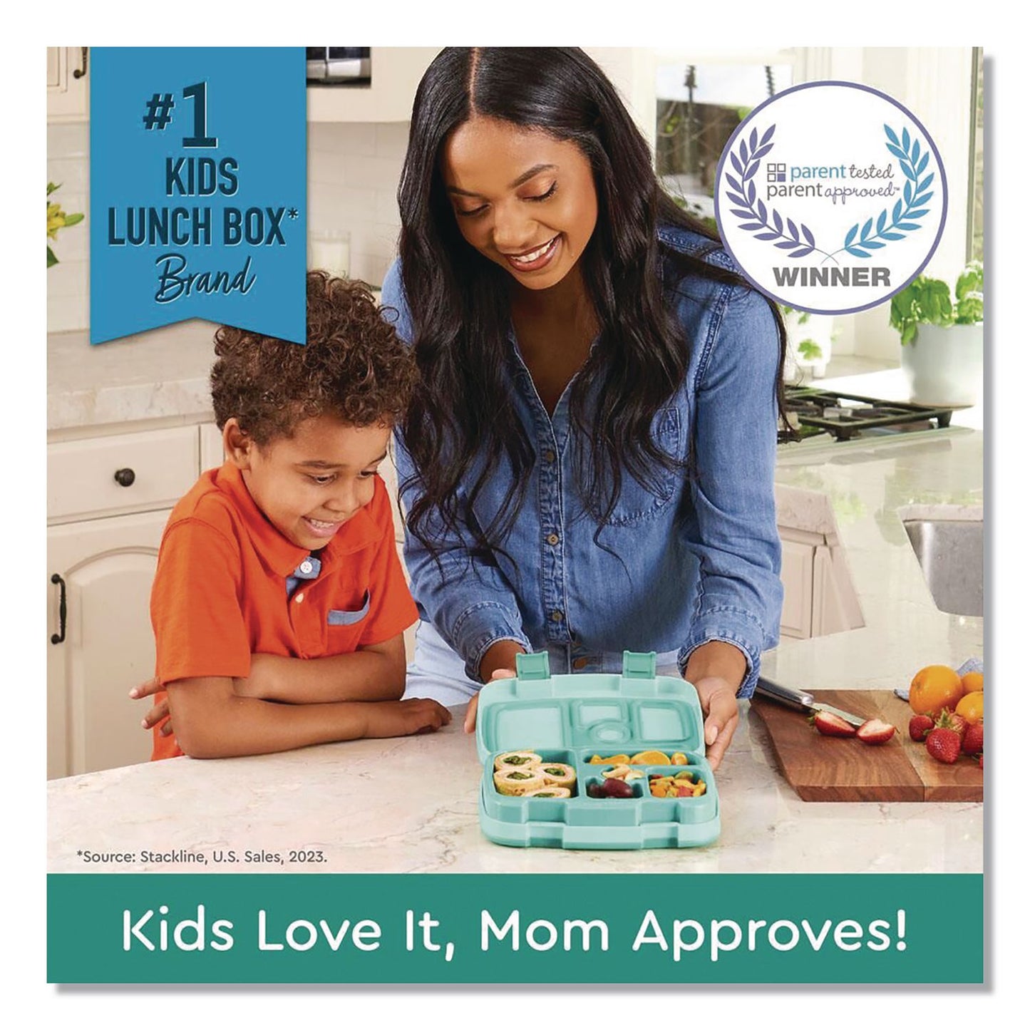 Kids Five-Compartment Bento Box, 8.5" x 6.5" x 2", Seafoam Green