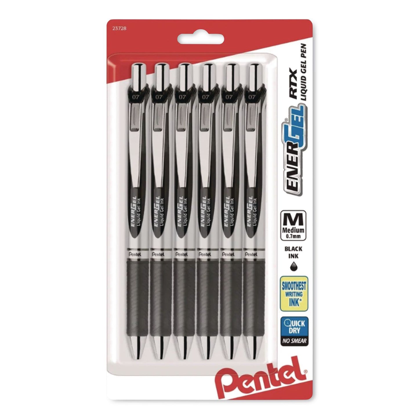 EnerGel RTX Gel Pen, Retractable, Medium 0.7 mm, Black Ink, Black/Gray Barrel, 6/Pack