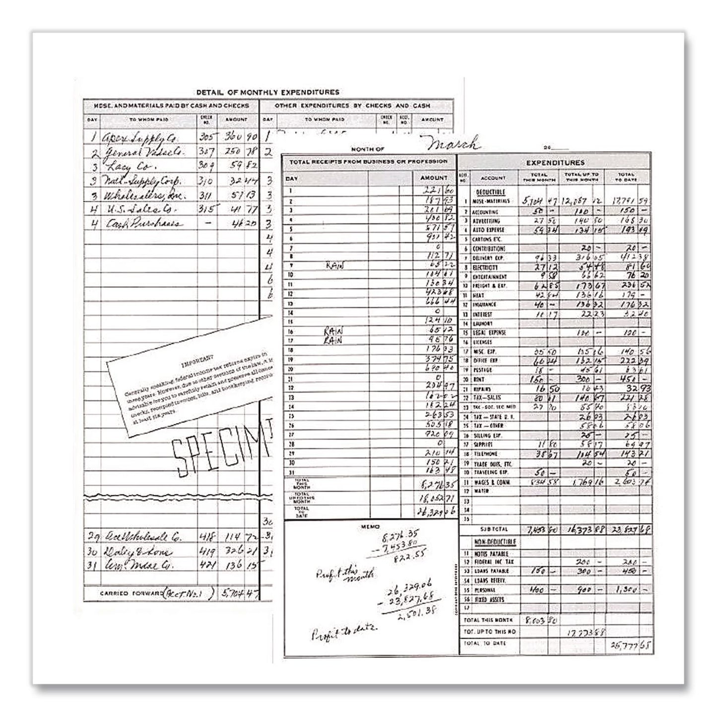 Simplified Weekly Bookkeeping Record, 4 Column Format, Brown Cover, 11 X 8.5 Sheets, 128 Sheets/book