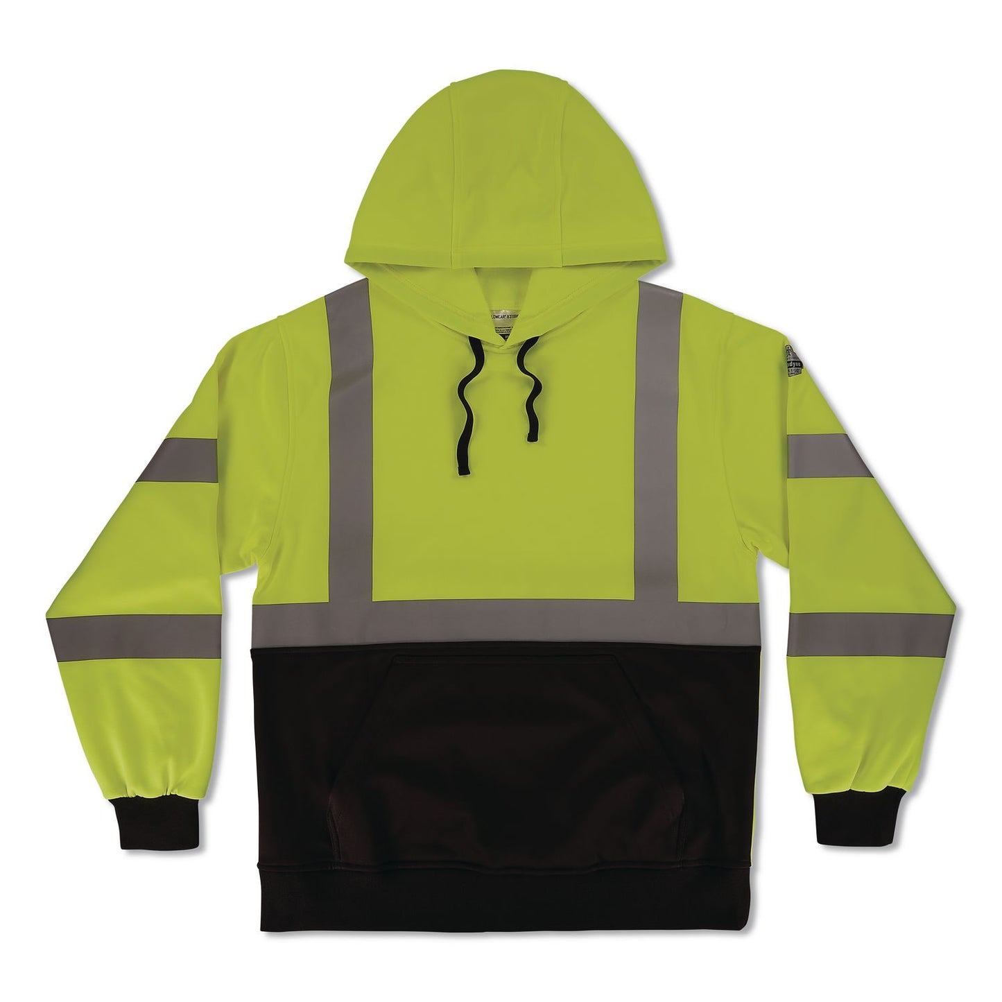 GloWear 8311BK Class 3 Essential Hi-Vis Hooded Sweatshirt with Black Bottom, Large, Lime