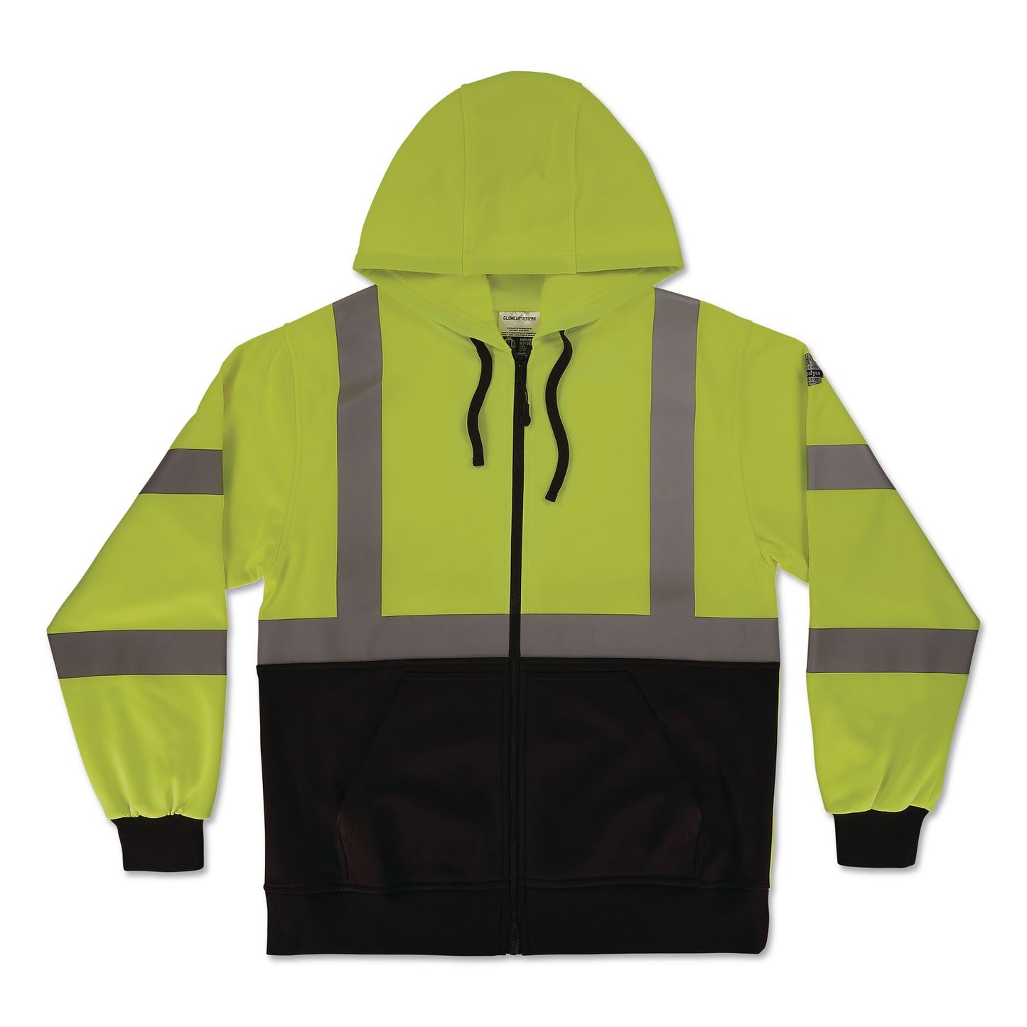 GloWear 8312BK Class 3 Essential Hi-Vis Hooded Zip-Up Sweatshirt with Black Bottom, 5X-Large, Lime