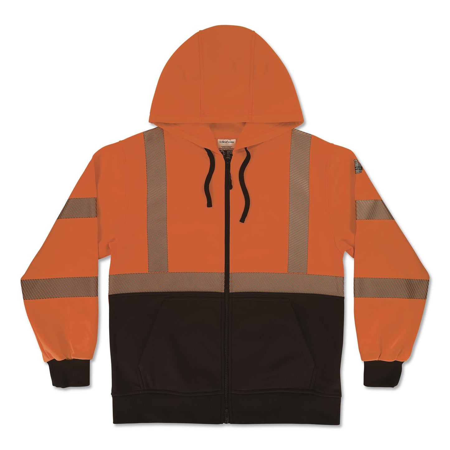 GloWear 8318BK Class 3 Performance Hi-Vis Hooded Zip-Up Sweatshirt with Black Bottom, 4X-Large, Orange