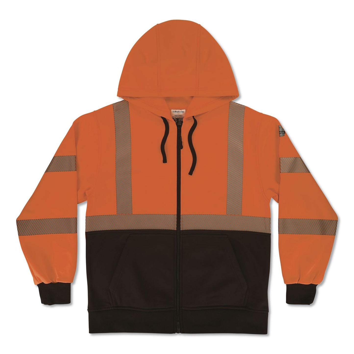 GloWear 8318BK Class 3 Performance Hi-Vis Hooded Zip-Up Sweatshirt with Black Bottom, 5X-Large, Orange