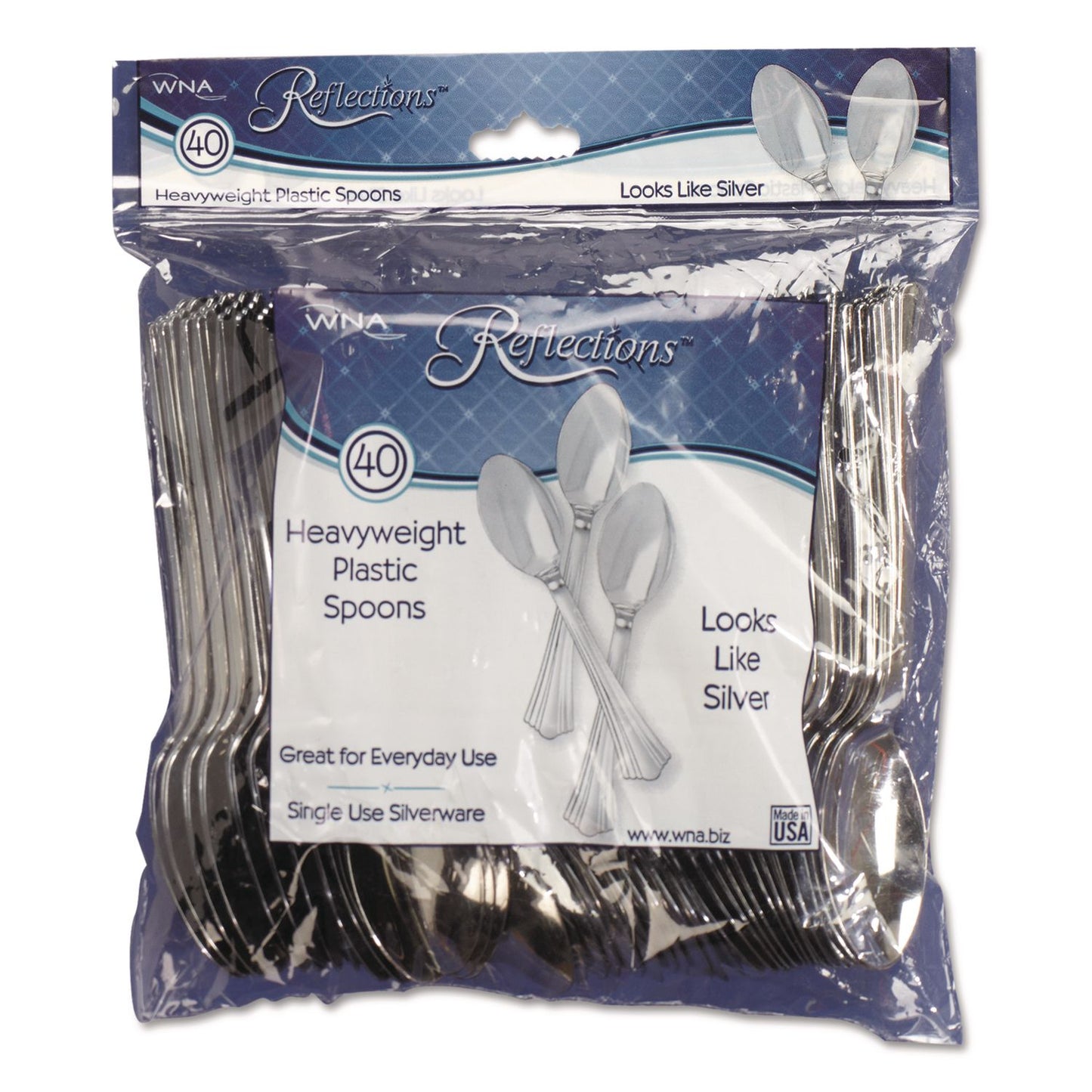 Reflections Heavyweight Plastic Utensils, Spoon, Silver, 40/Pack