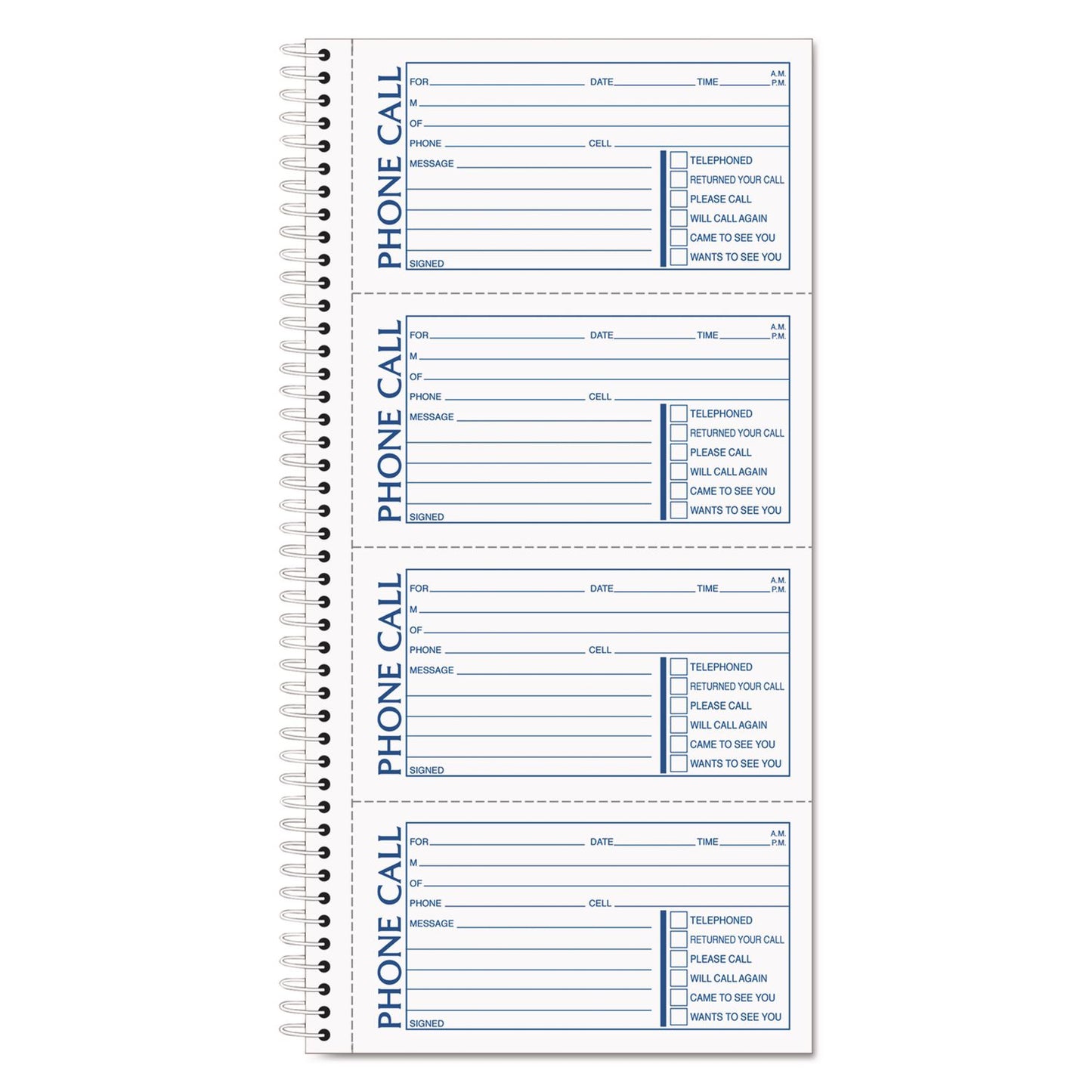 Spiralbound Message Book, Two-Part Carbonless, 5 x 2.75, 4 Forms/Sheet, 200 Forms Total