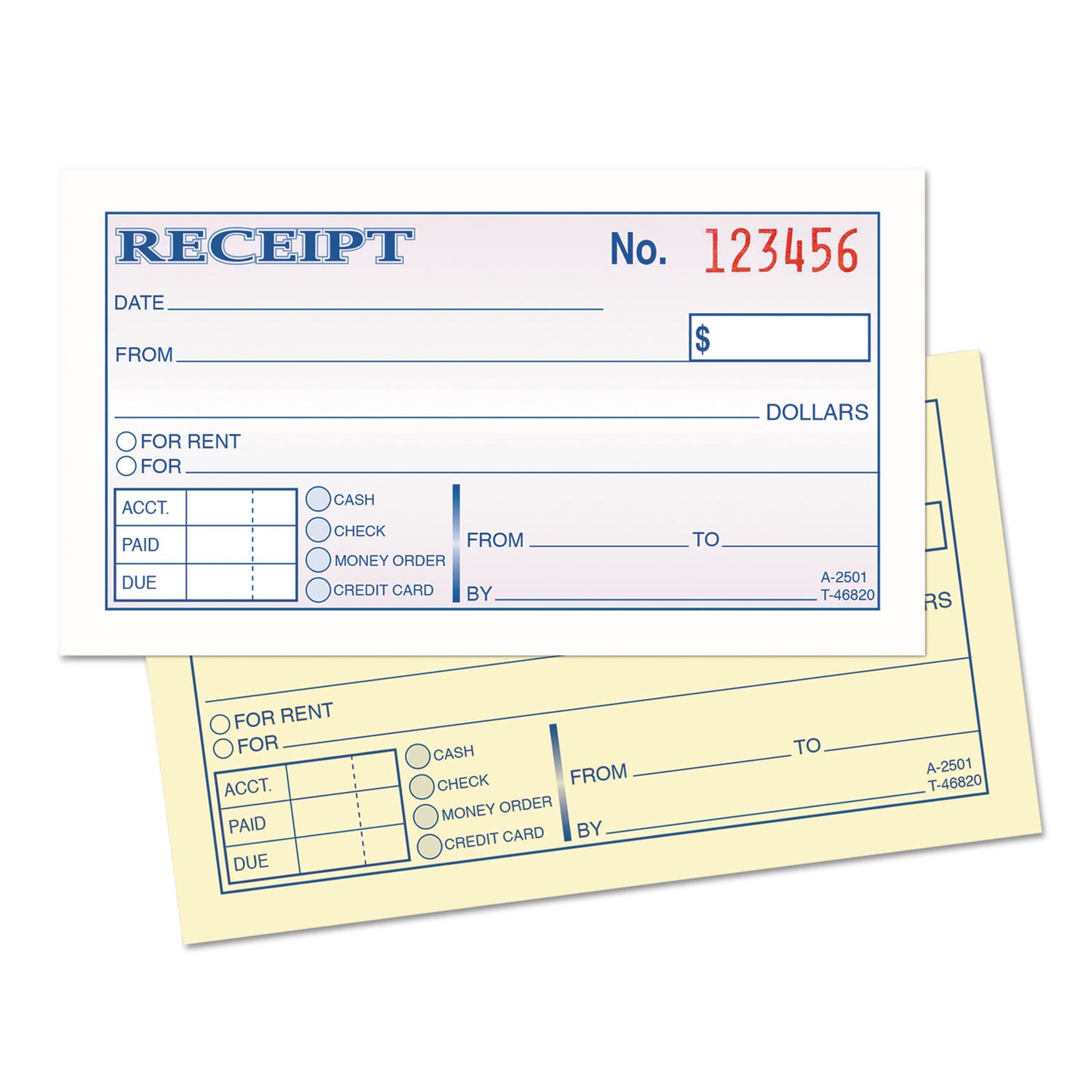 Money and Rent Receipt Books, Two-Part Carbonless, 4.78 X 2.75, 50 Forms Total