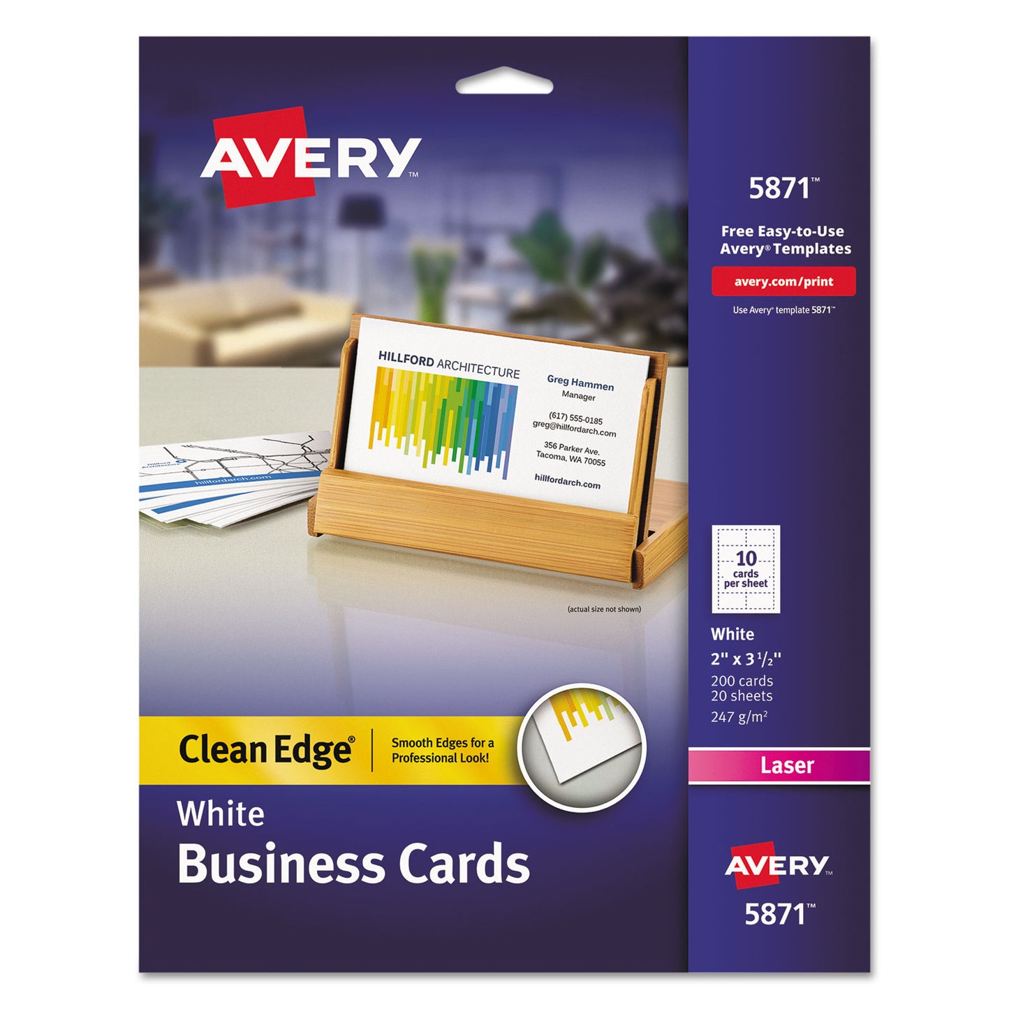 Clean Edge Business Cards, Laser, 2 x 3.5, White, 10 Cards/Sheet, 20 Sheets/Pack