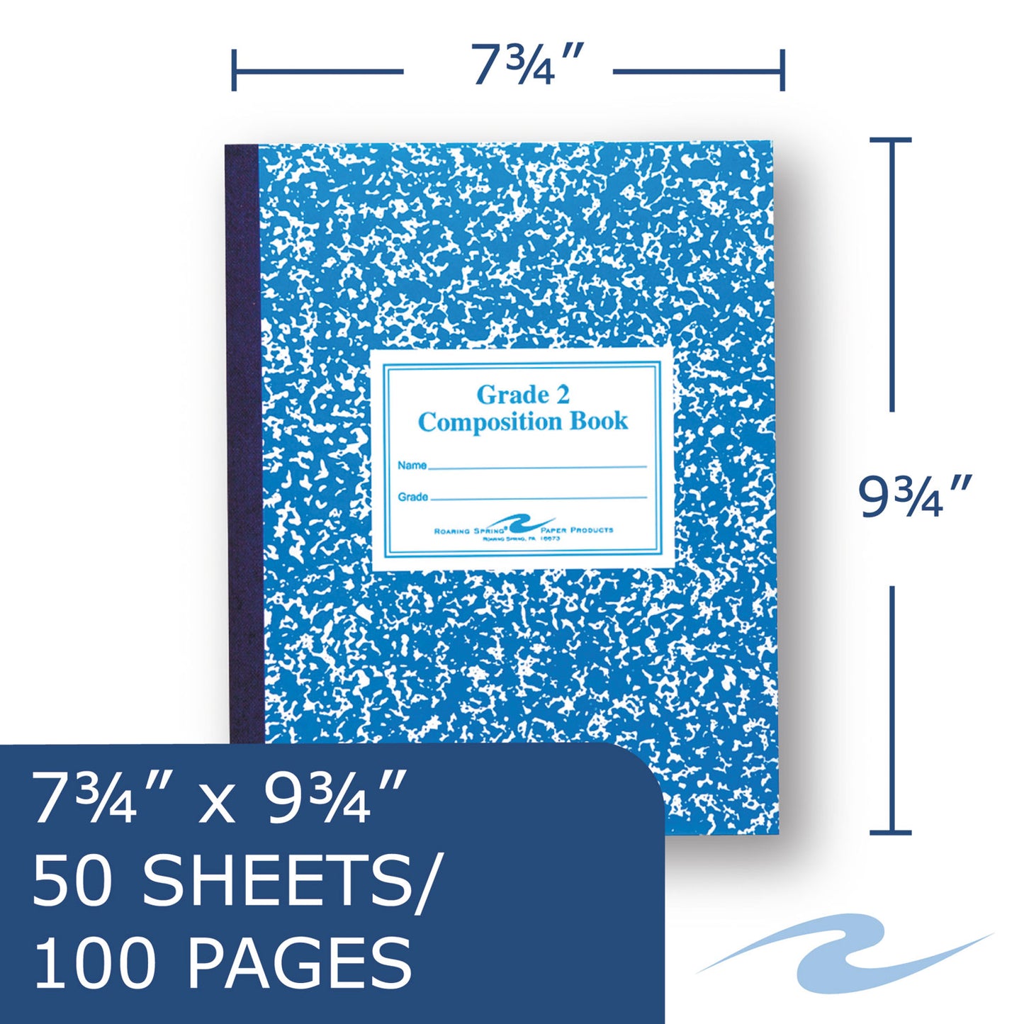 Grade School Ruled Composition Book, Grade 2 Manuscript Format, Blue Marble Cover, (50) 9.75 x 7.75 Sheets