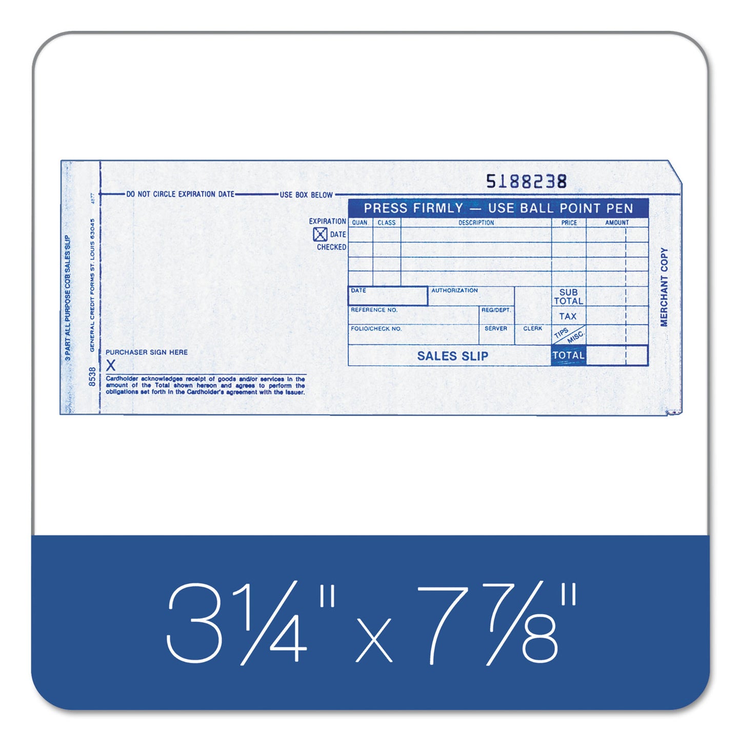 Credit Card Sales Slip, Three-Part Carbonless, 7.78 x 3.25, 100 Forms Total