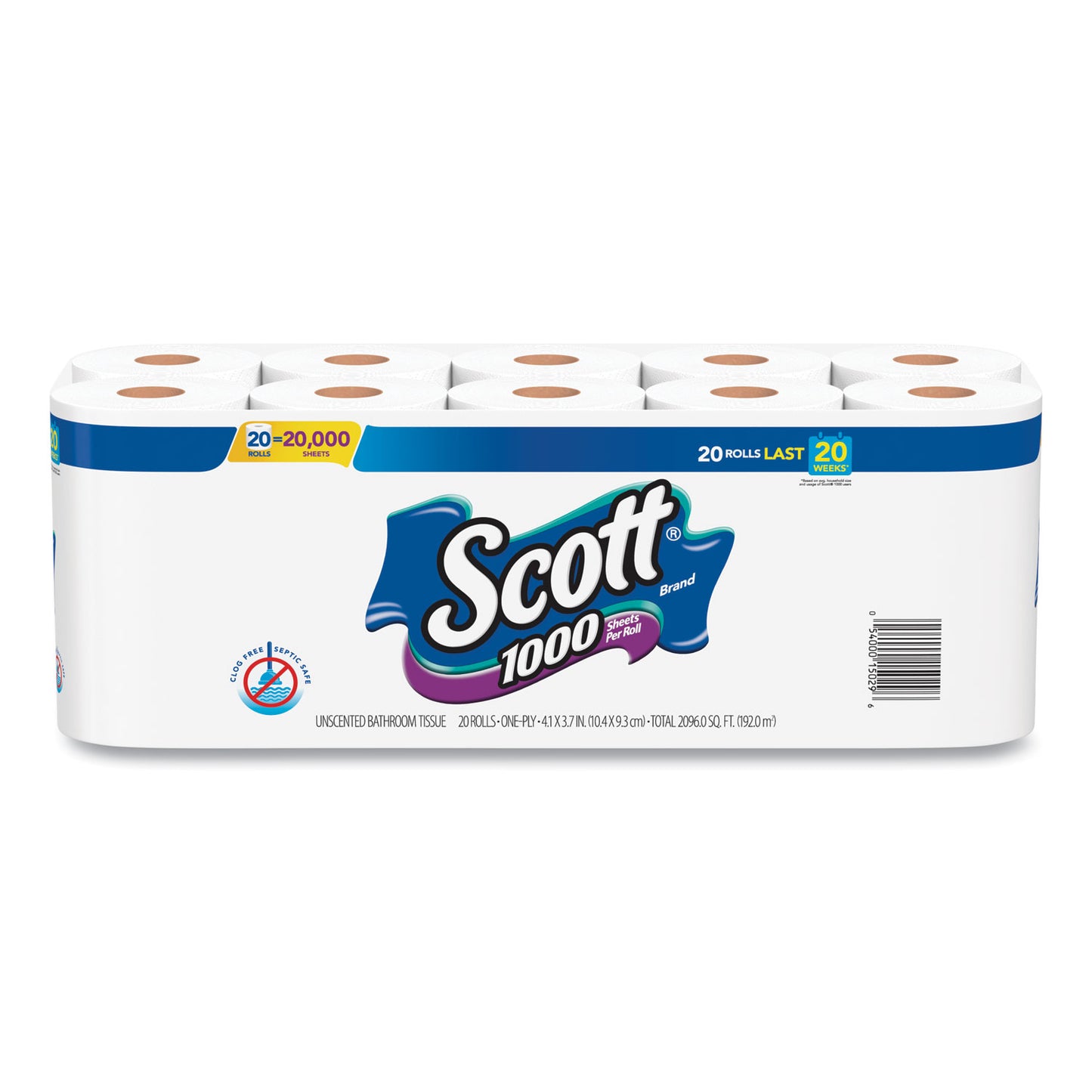 1000 Bathroom Tissue, Septic Safe, 1-Ply, White, 1,000 Sheets/Roll, 20 Rolls/Pack