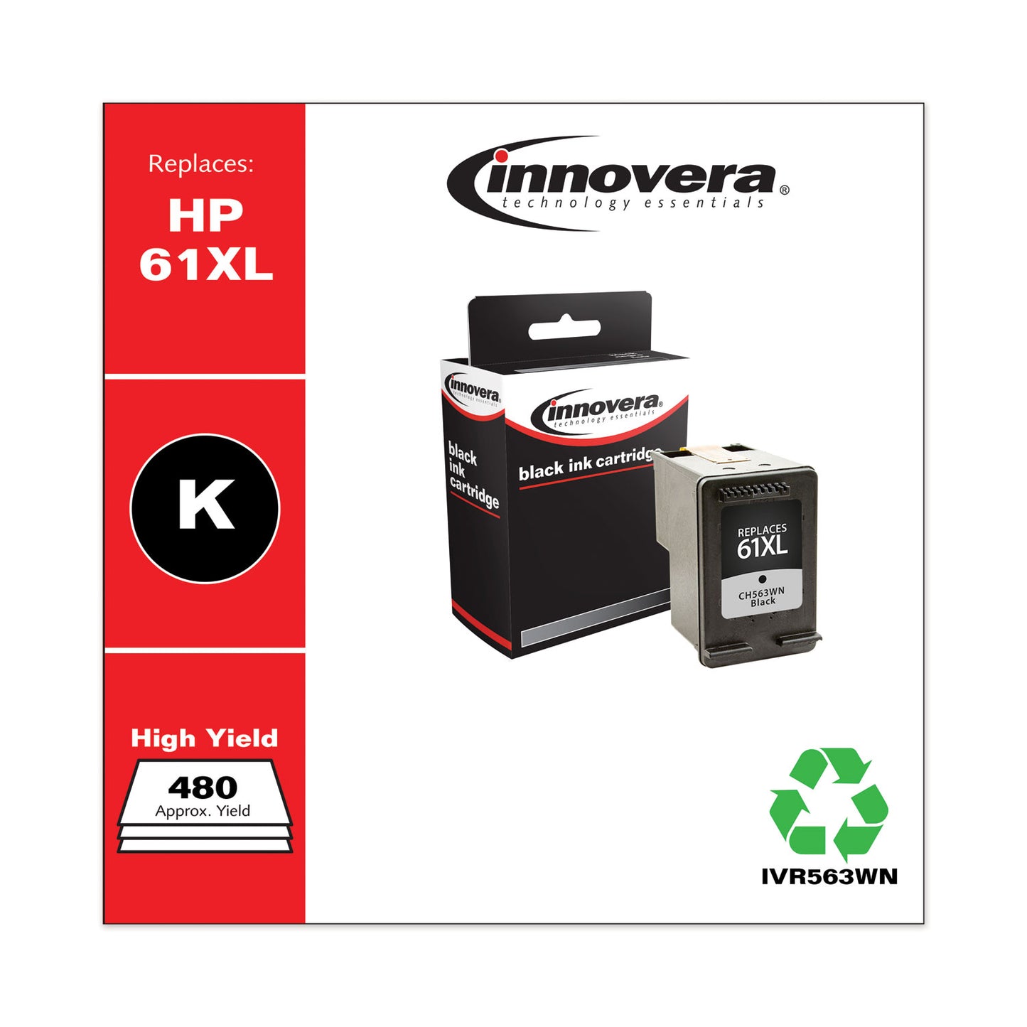 Remanufactured Black High-Yield Ink, Replacement for 61XL (CH563WN), 480 Page-Yield