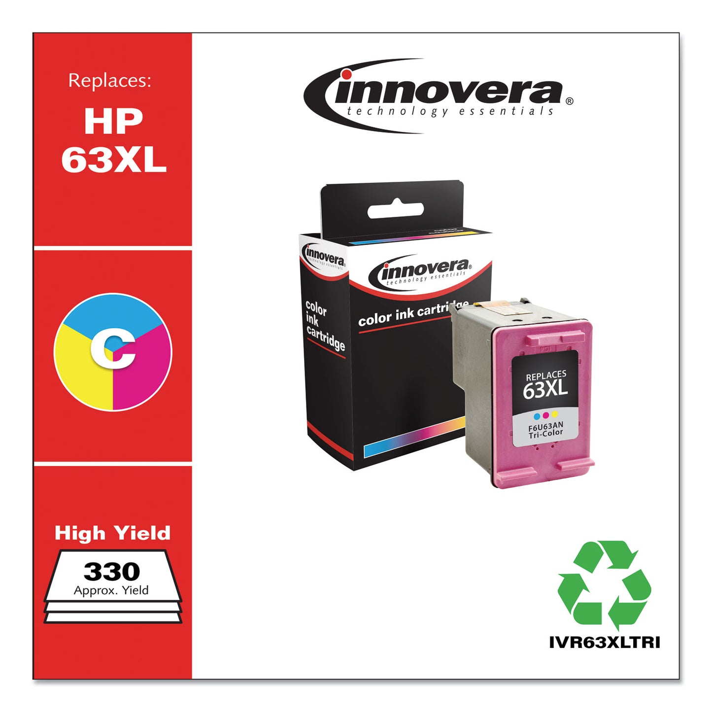 Remanufactured Tri-Color High-Yield Ink, Replacement for 63XL (F6U63AN), 330 Page-Yield