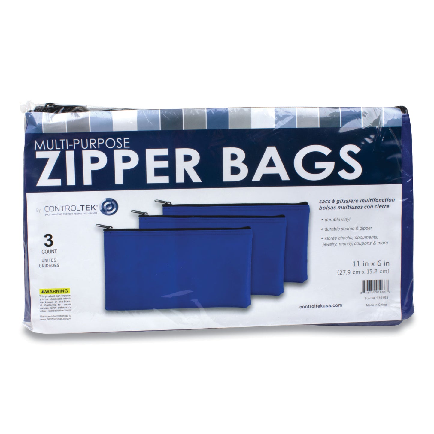 Fabric Deposit Bag, Vinyl, 5.5" x 11", Blue, 3/Pack