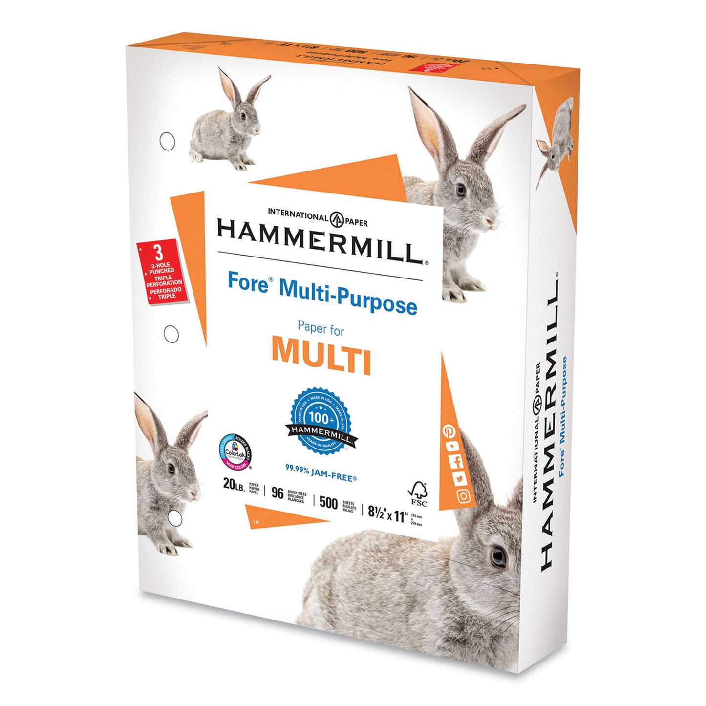 Fore Multipurpose Print Paper, 96 Bright, 3-Hole, 20 lb Bond Weight, 8.5 x 11, White, 500 Sheets/Ream