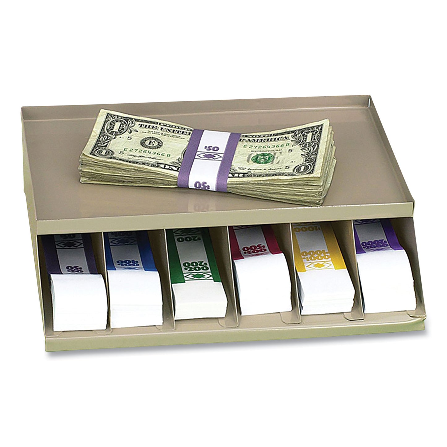 Coin Wrapper and Bill Strap Single-Tier Rack, 6 Compartments, 10" x 8.5" x 3", Pebble Beige