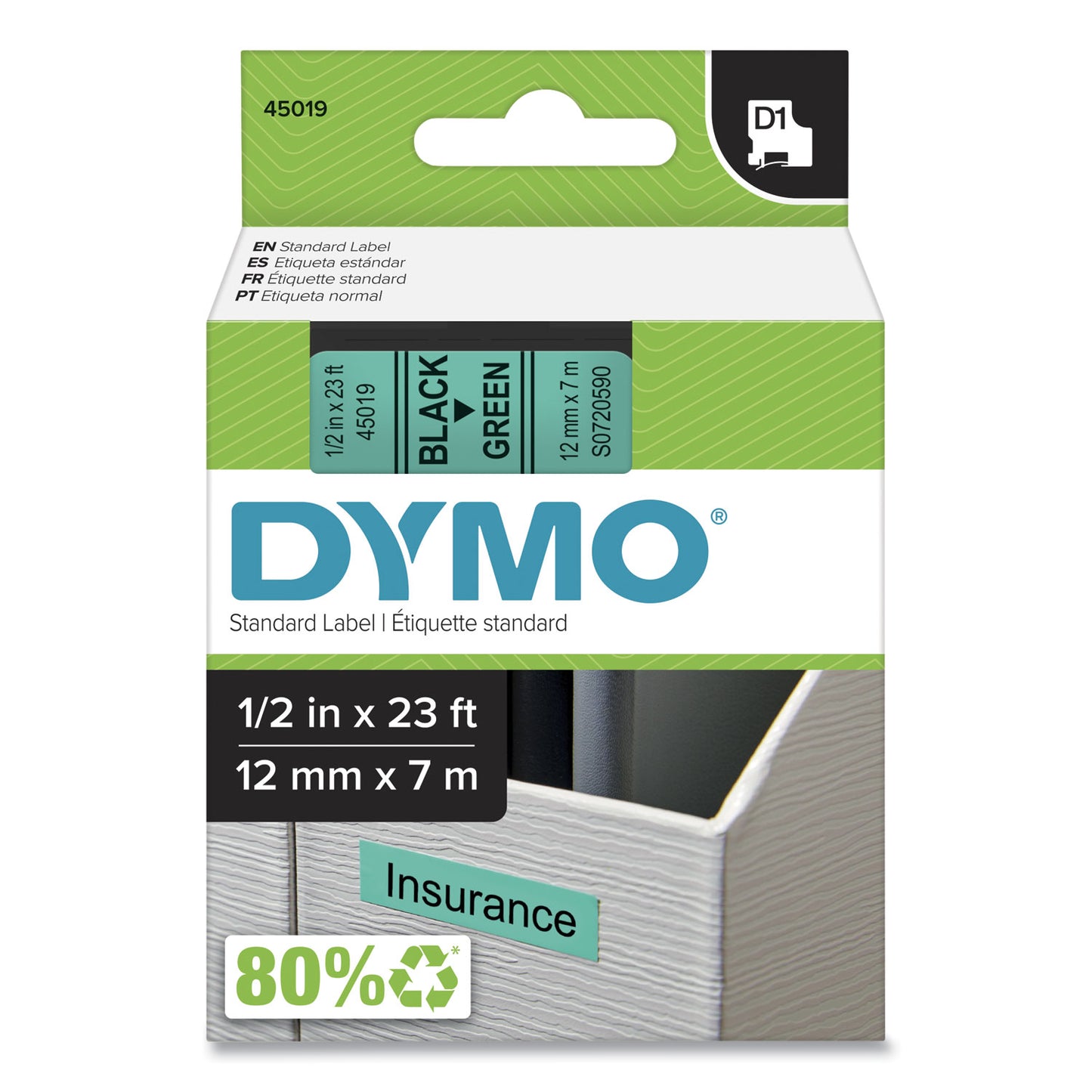 D1 High-Performance Polyester Removable Label Tape, 0.5" X 23 Ft, Black On Green